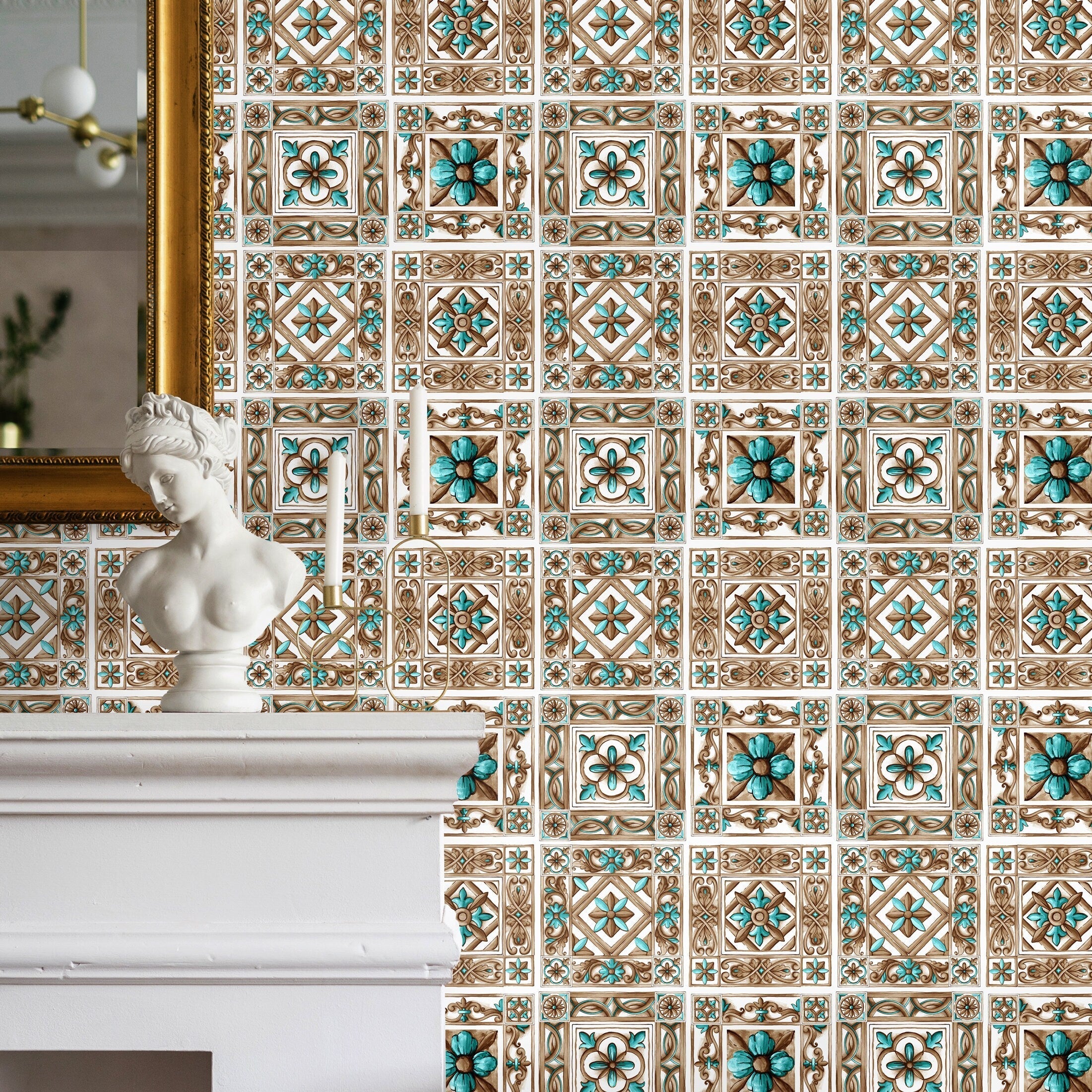 Tile Wallpaper With A Portuguese Azulejos Motif In Teal And Brown - D955