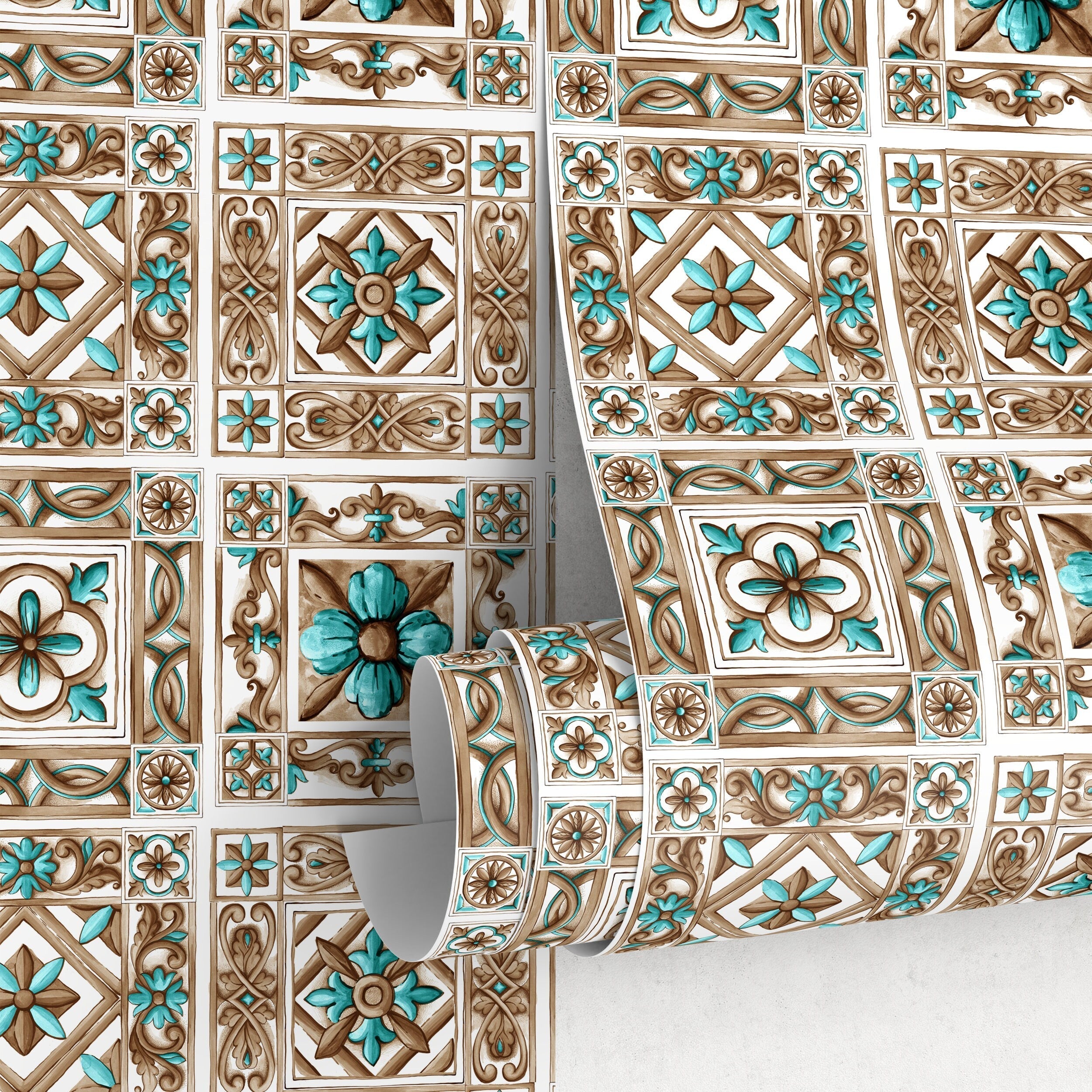 Tile Wallpaper With A Portuguese Azulejos Motif In Teal And Brown - D955