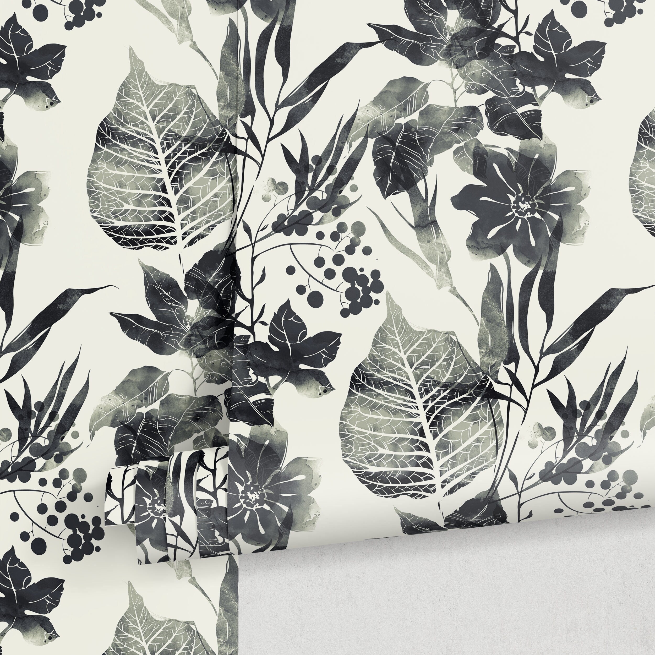 Floral Wallpaper With A Watercolor Motif Of Leaves And Berries In Black And White - D956