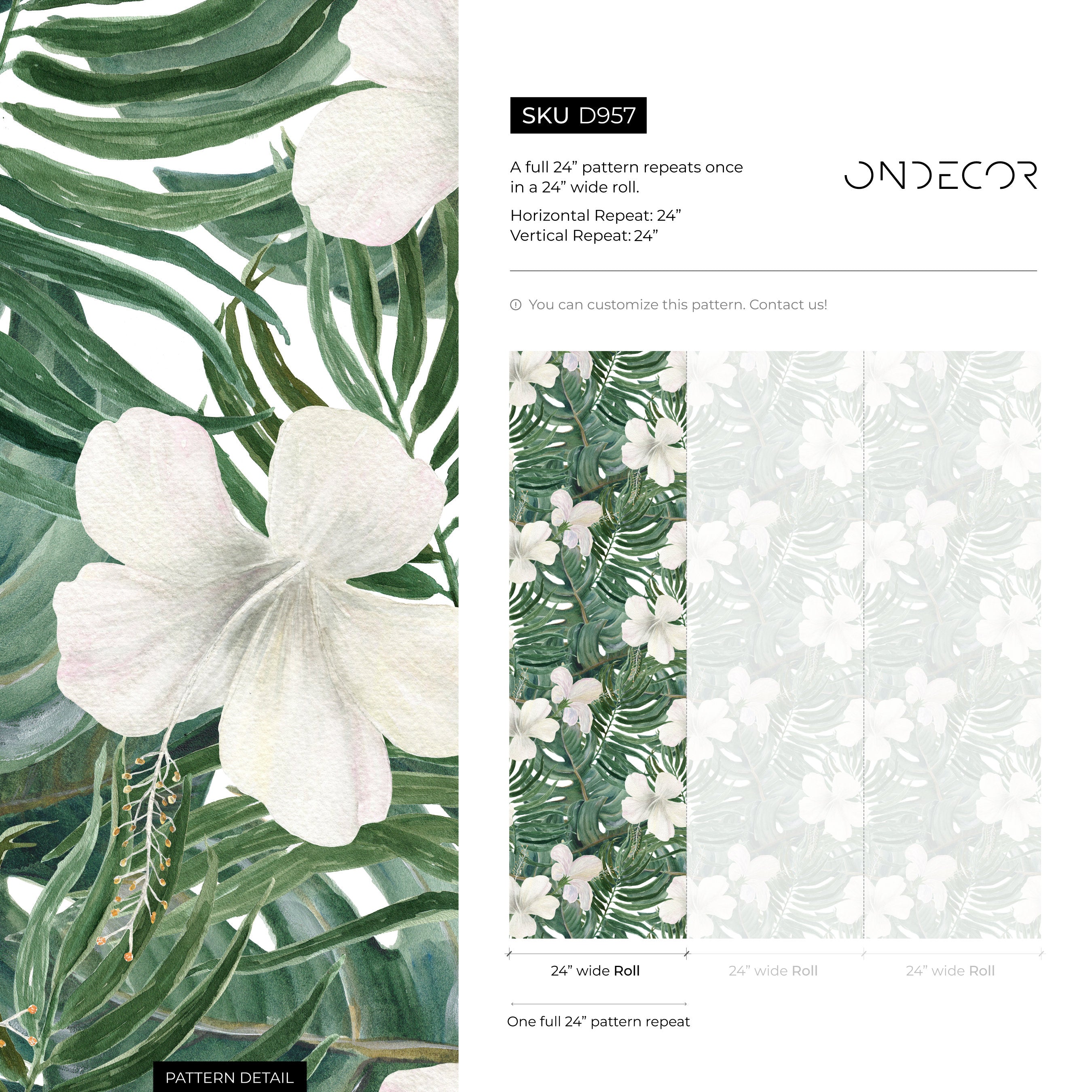 Tropical Wallpaper With White Hibiscus And Palm Leaves In Green And White - D957