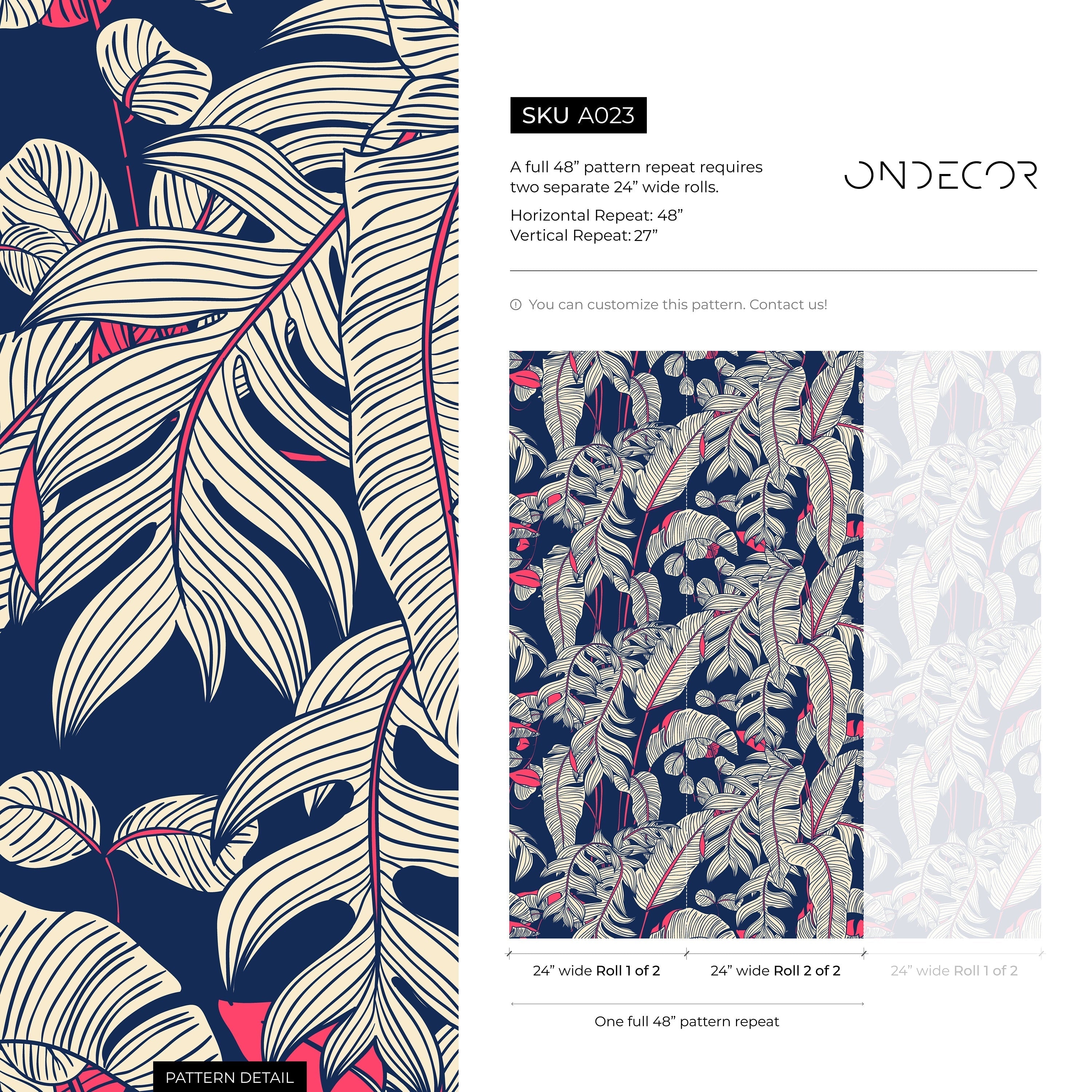 Tropical Wallpaper With Stylized Banana Leaves In Navy Blue, Beige, And Red - A023
