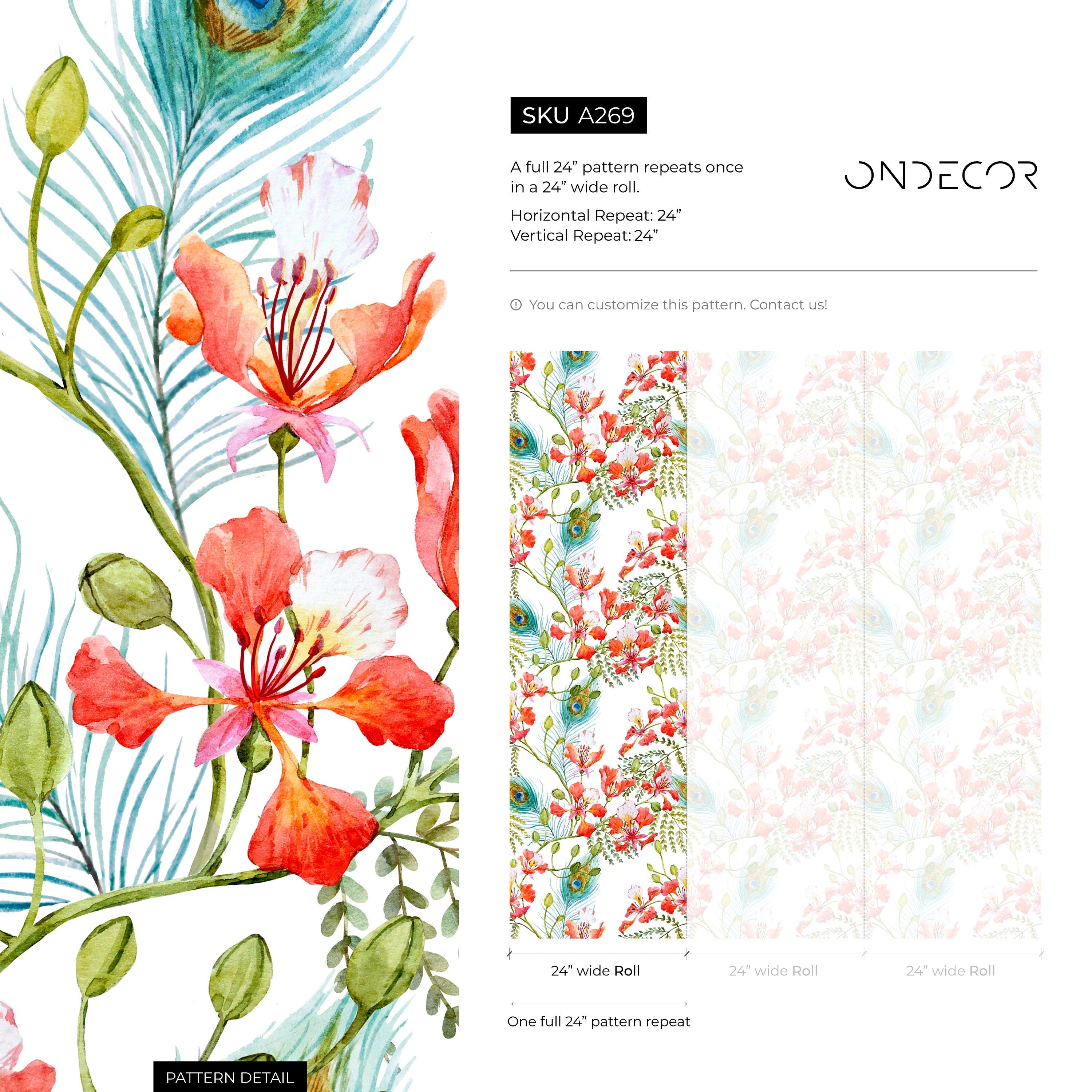 Floral Wallpaper With Peacock Feathers And Blooms In Red, Teal, And Green - A269