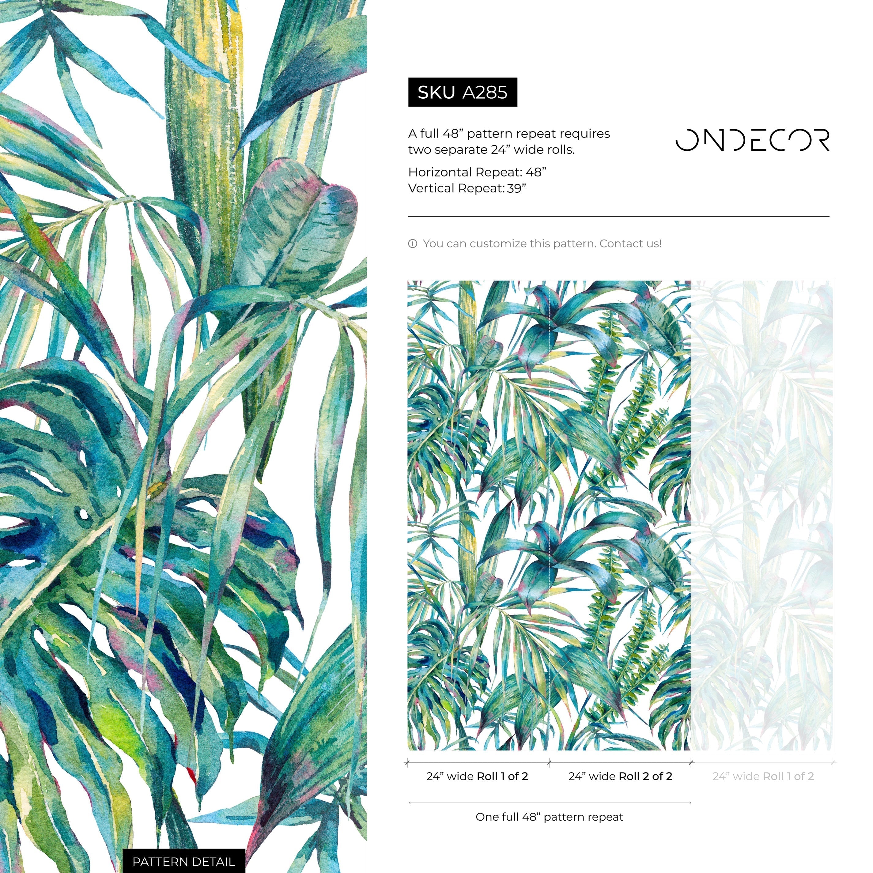 Tropical Wallpaper With Watercolor Jungle Leaves In Green, Teal, And Blue - A285