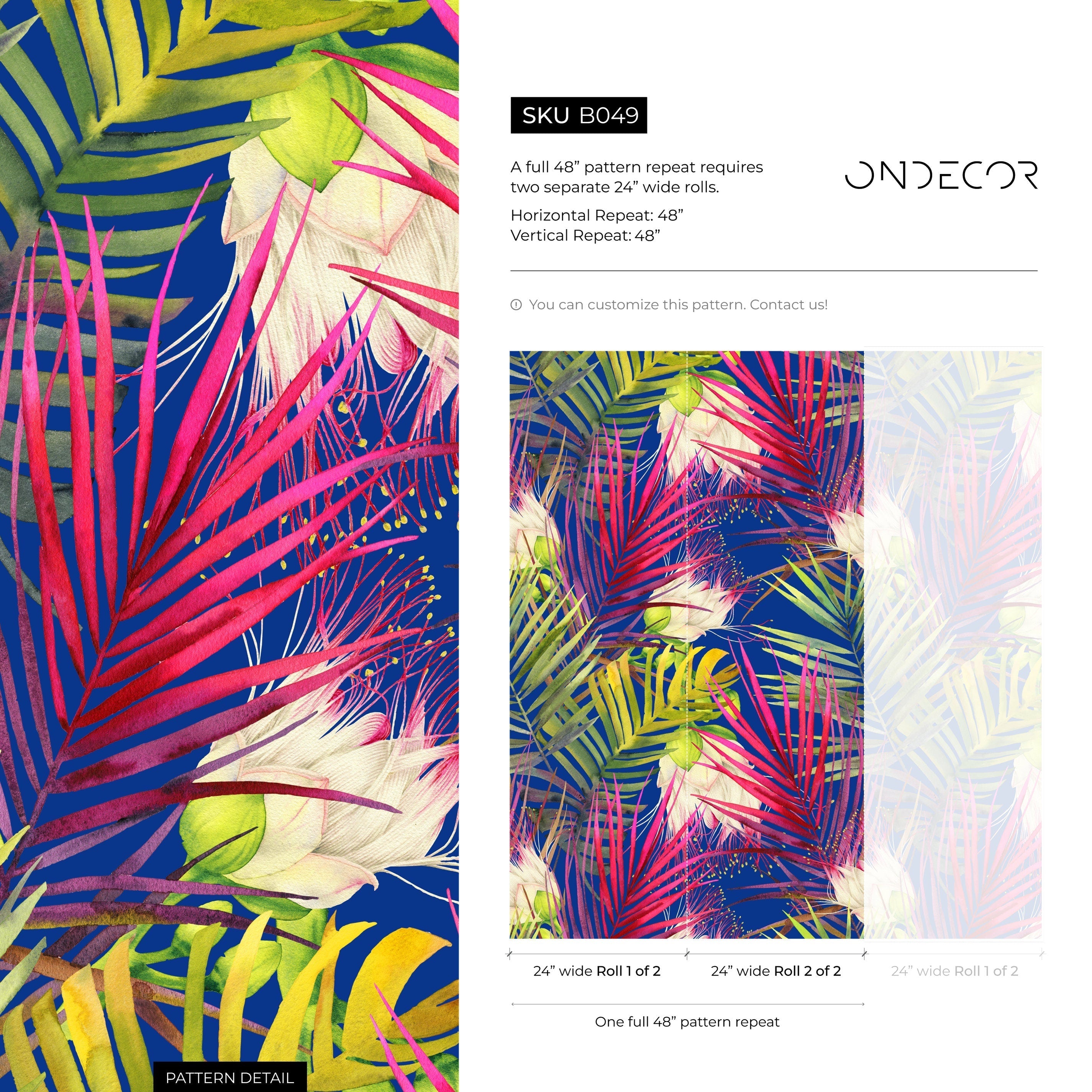 Botanical Wallpaper With Pop Art Flowers In Blue, Pink, And Green - B049