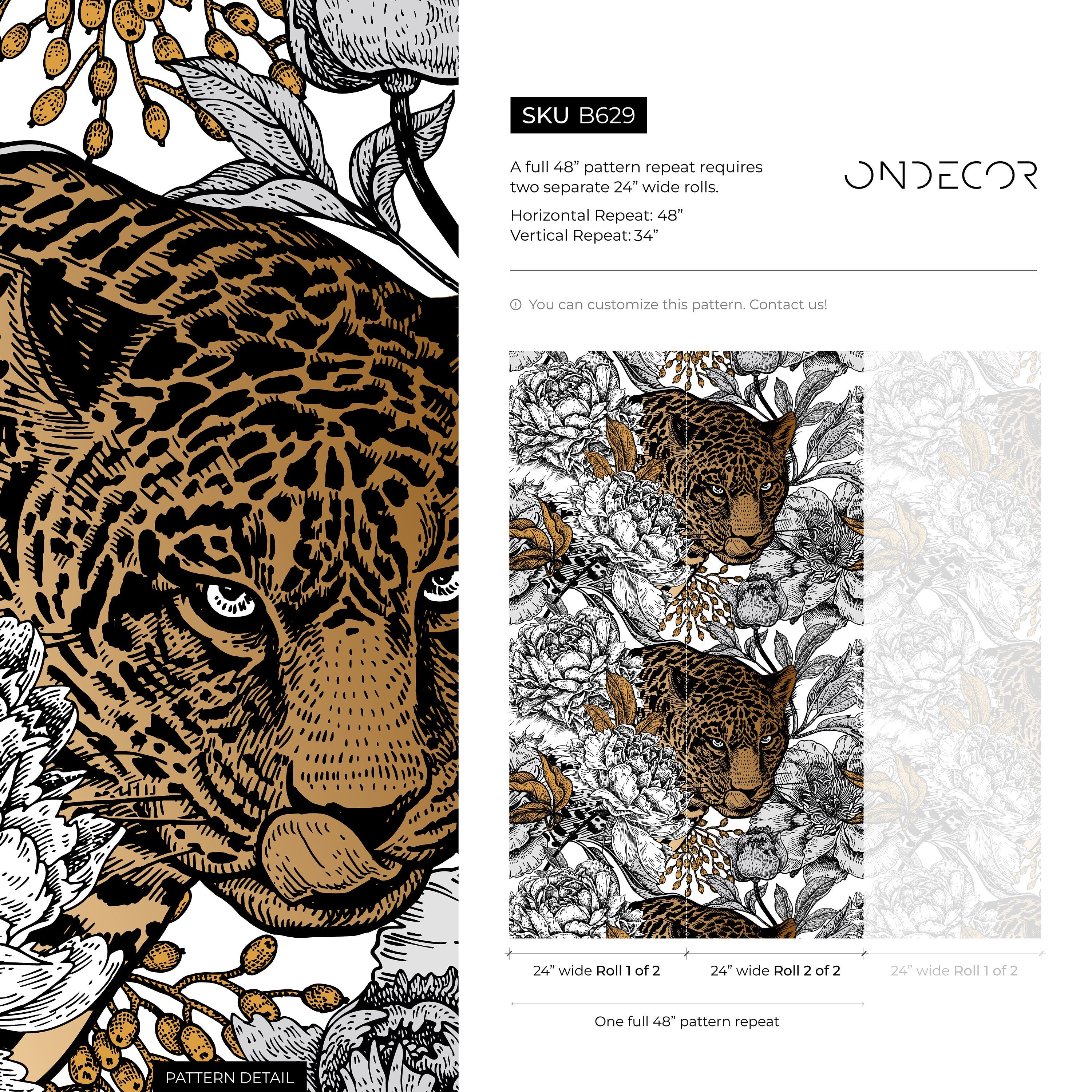 Animal Print Wallpaper With Jaguar And Peonies In Black And Gold - B629