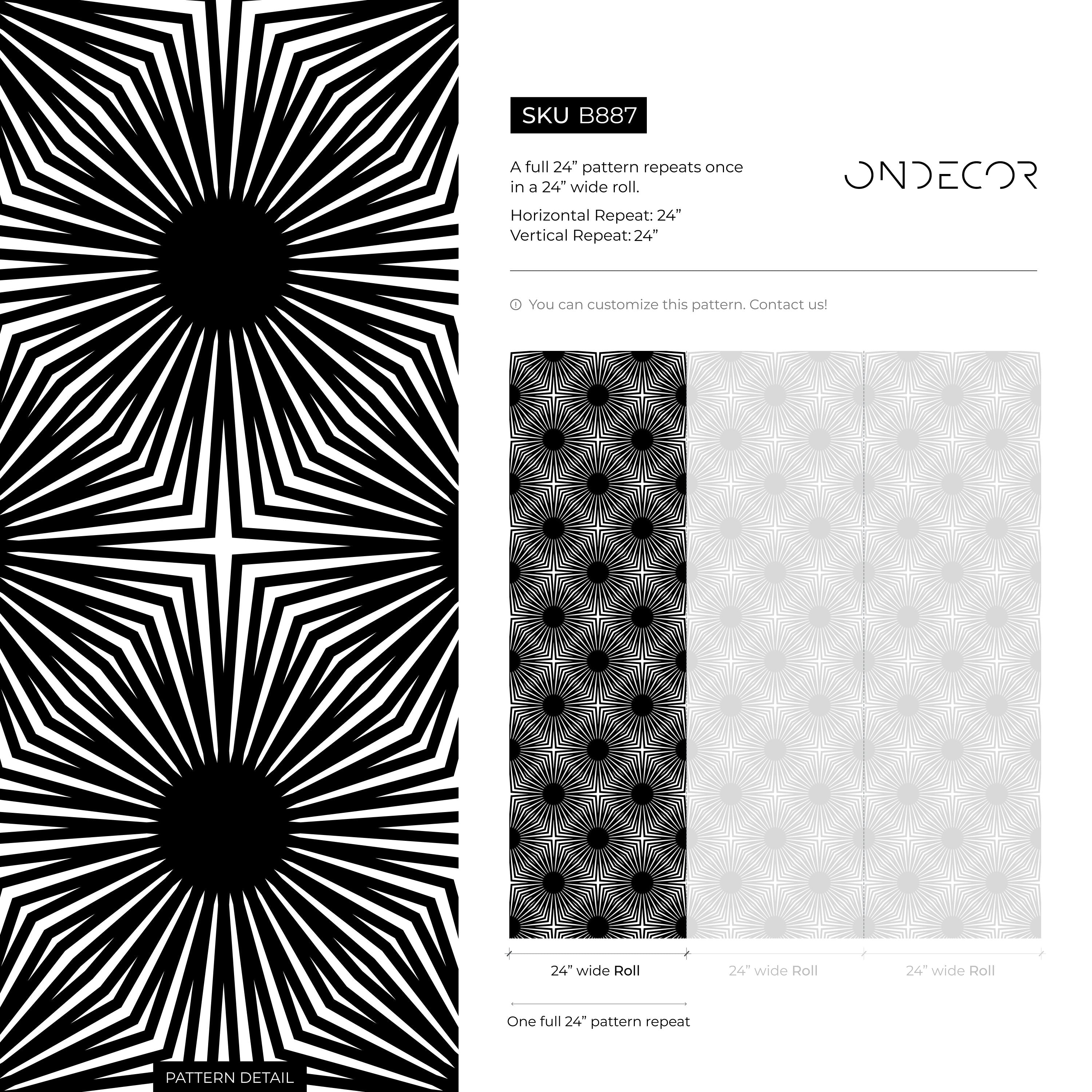 Geometric Wallpaper With A Bold Starburst Motif In Black And White - B887