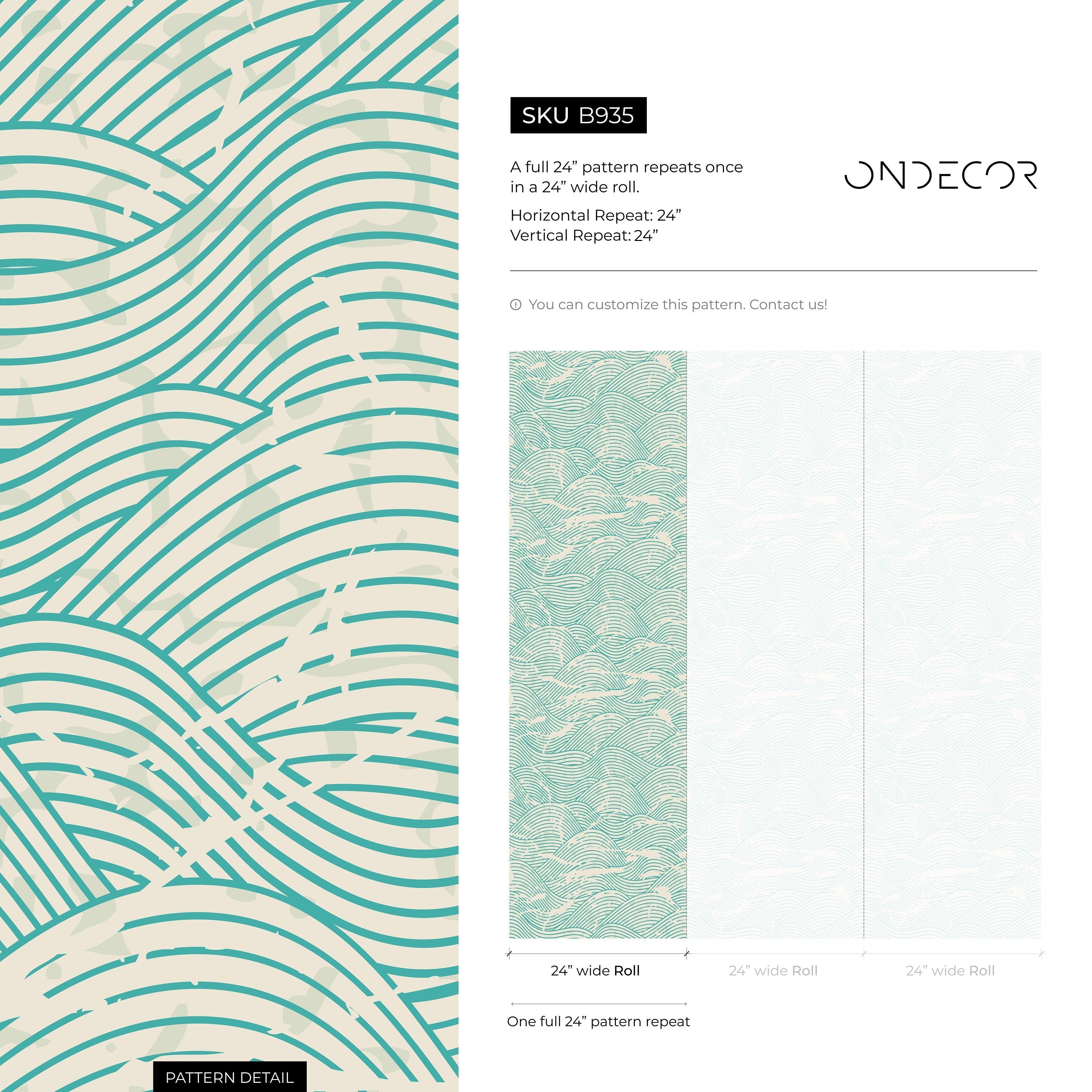 Coastal Wallpaper Featuring A Distressed Wave Motif In Teal And Beige - B935