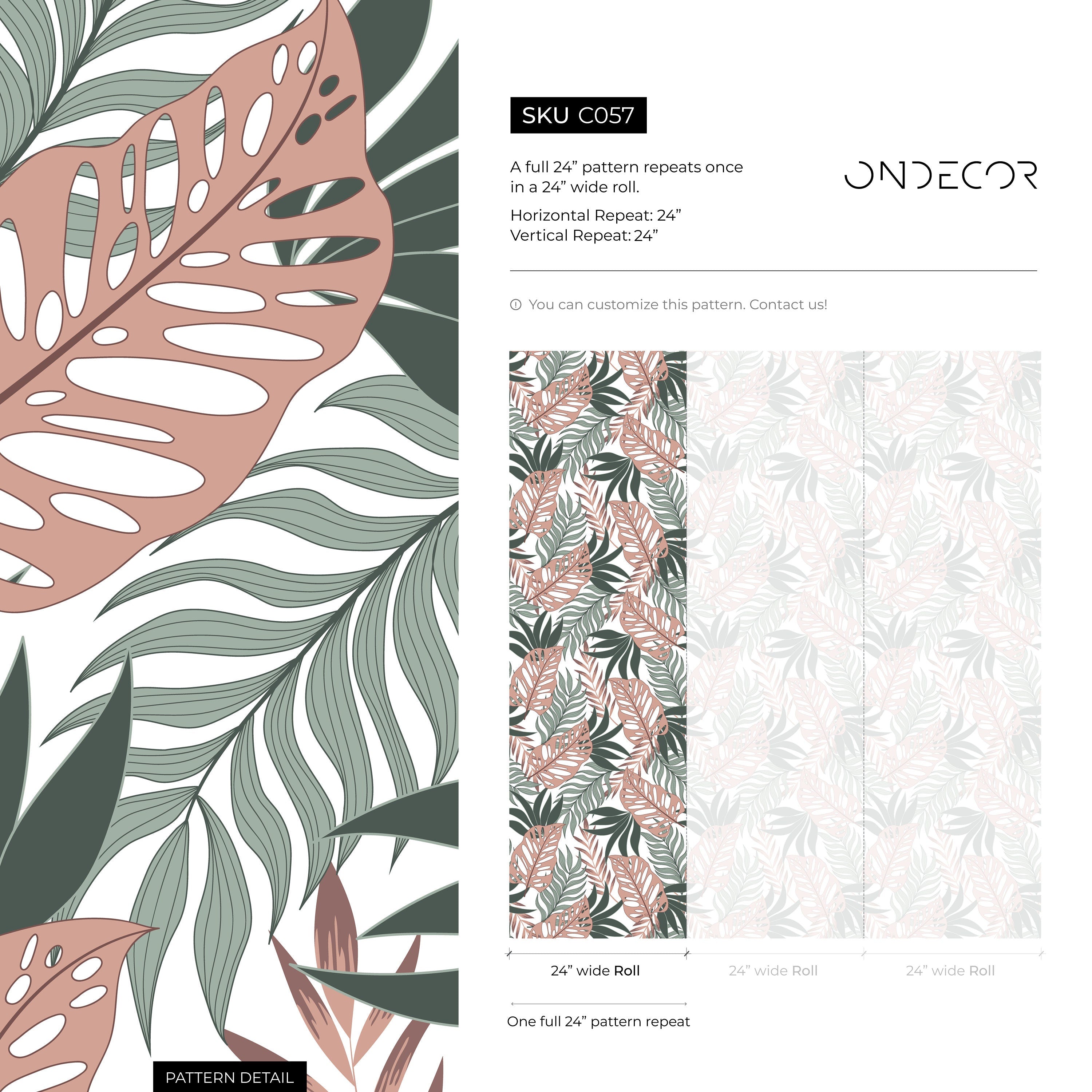 Tropical Wallpaper With Overlapping Monstera Leaves In Pink, Sage, And Dark Green - C057