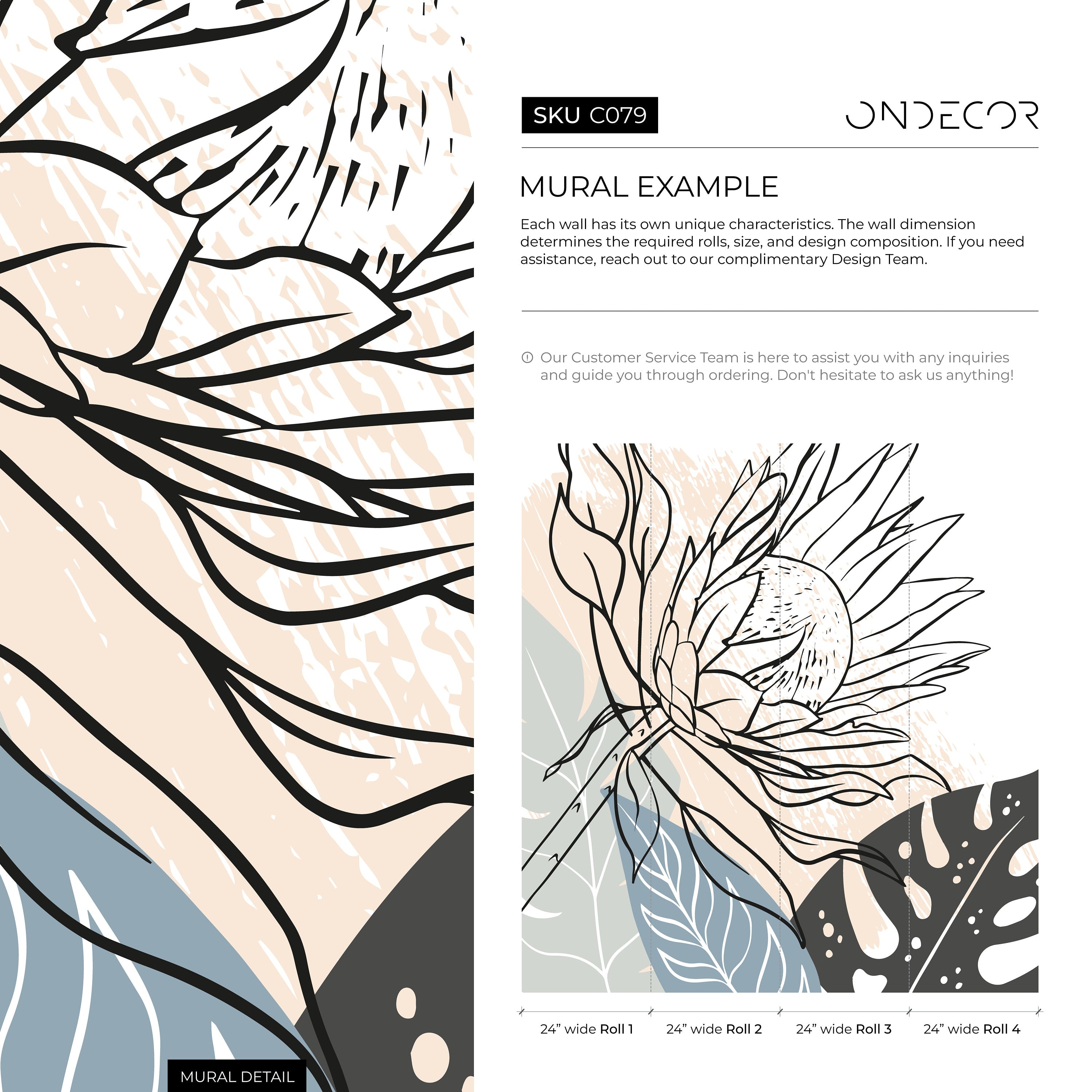 Abstract Wallpaper With Bold Floral Line Art In Black, Blue, And Beige - C079