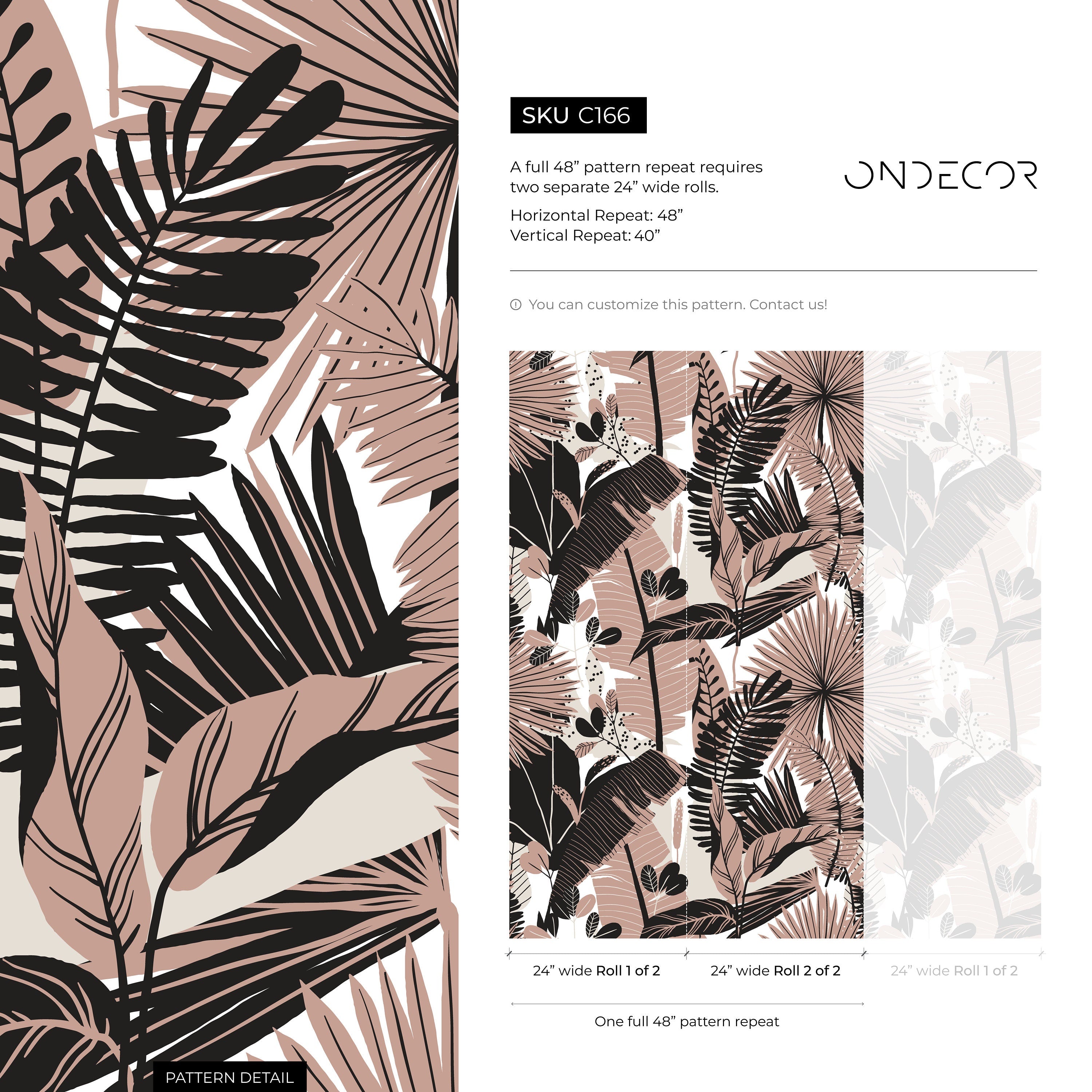 Botanical Wallpaper Featuring Modern Jungle Leaves In Pink And Black - C166
