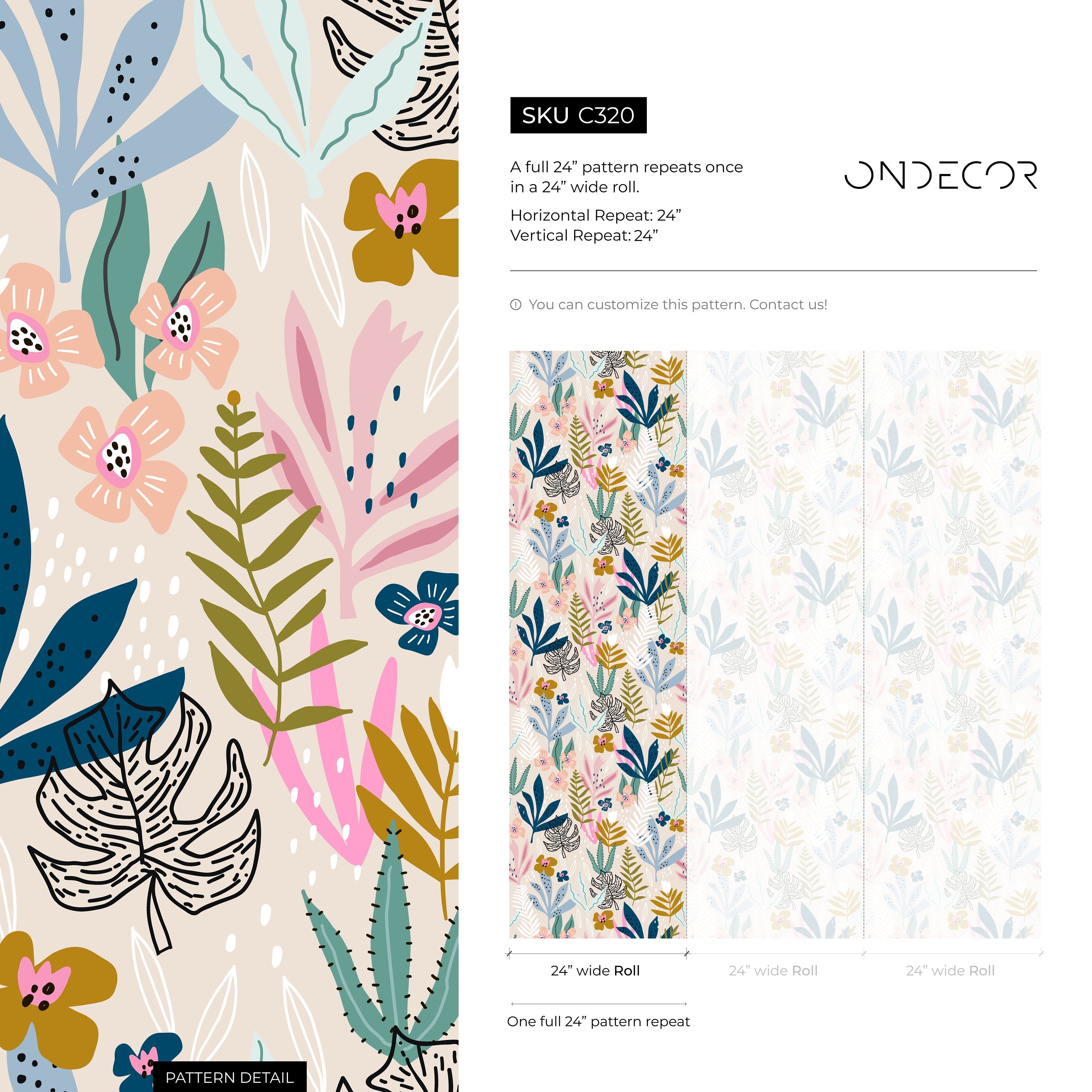 Botanical Wallpaper With Stylized Leaves And Flowers In Blue, Pink, And Yellow - C320