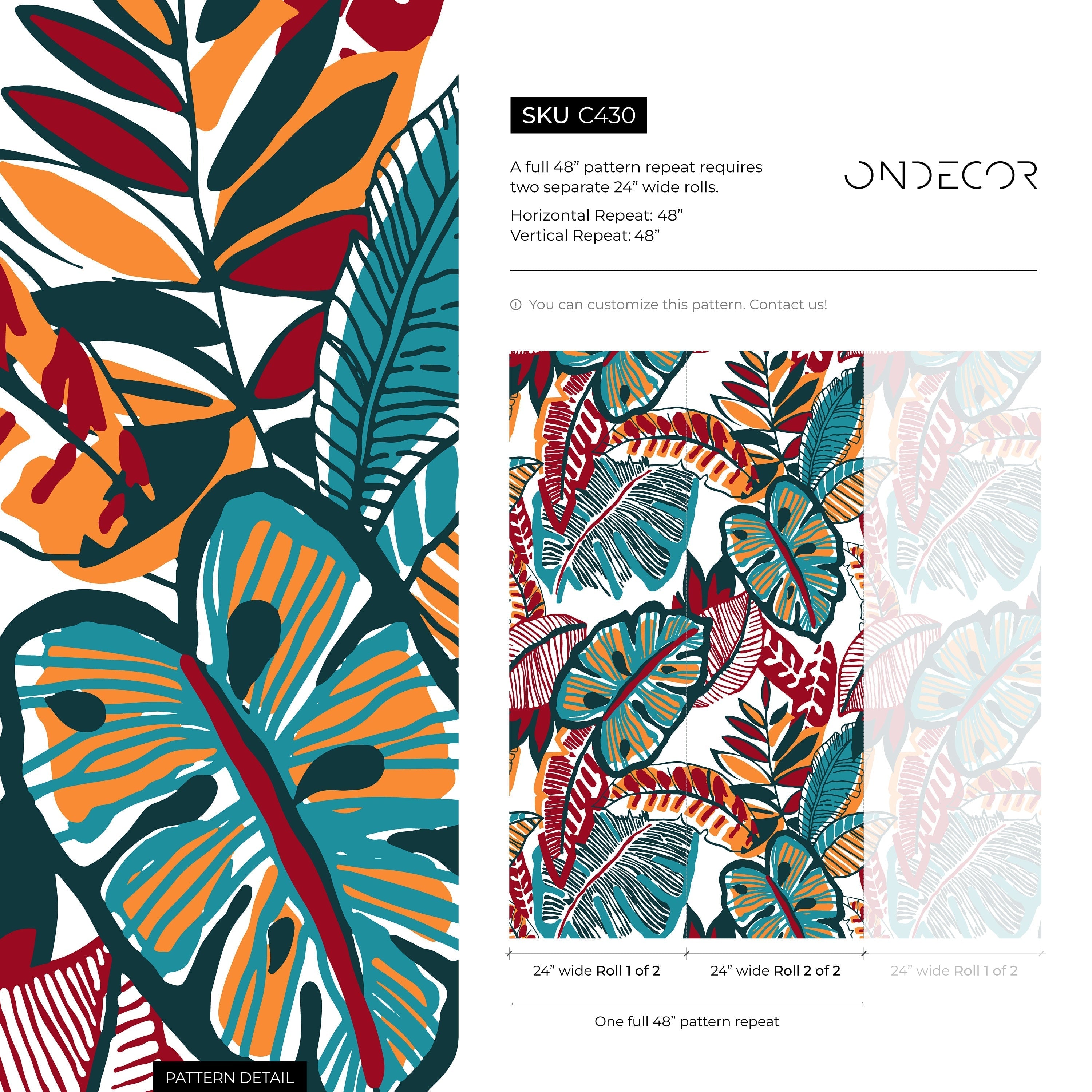 Botanical Wallpaper Featuring Stylized Leaves In Red, Teal, And Orange - C430