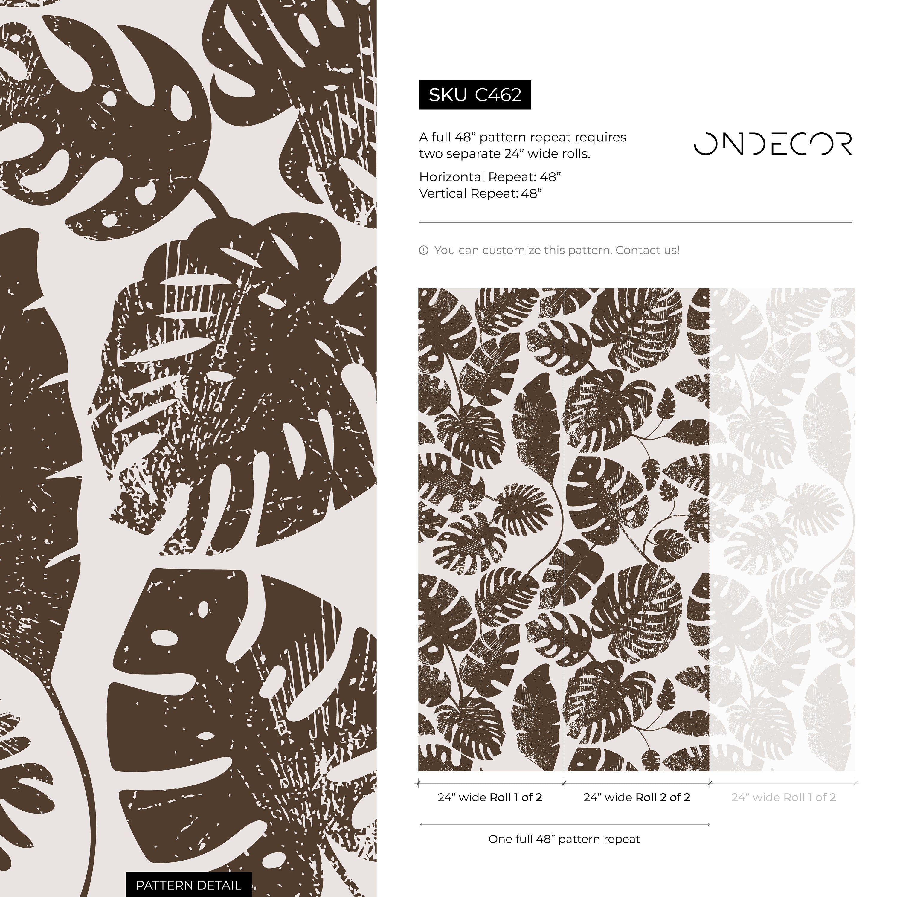 Botanical Wallpaper With Distressed Monstera Leaves In Brown - C462
