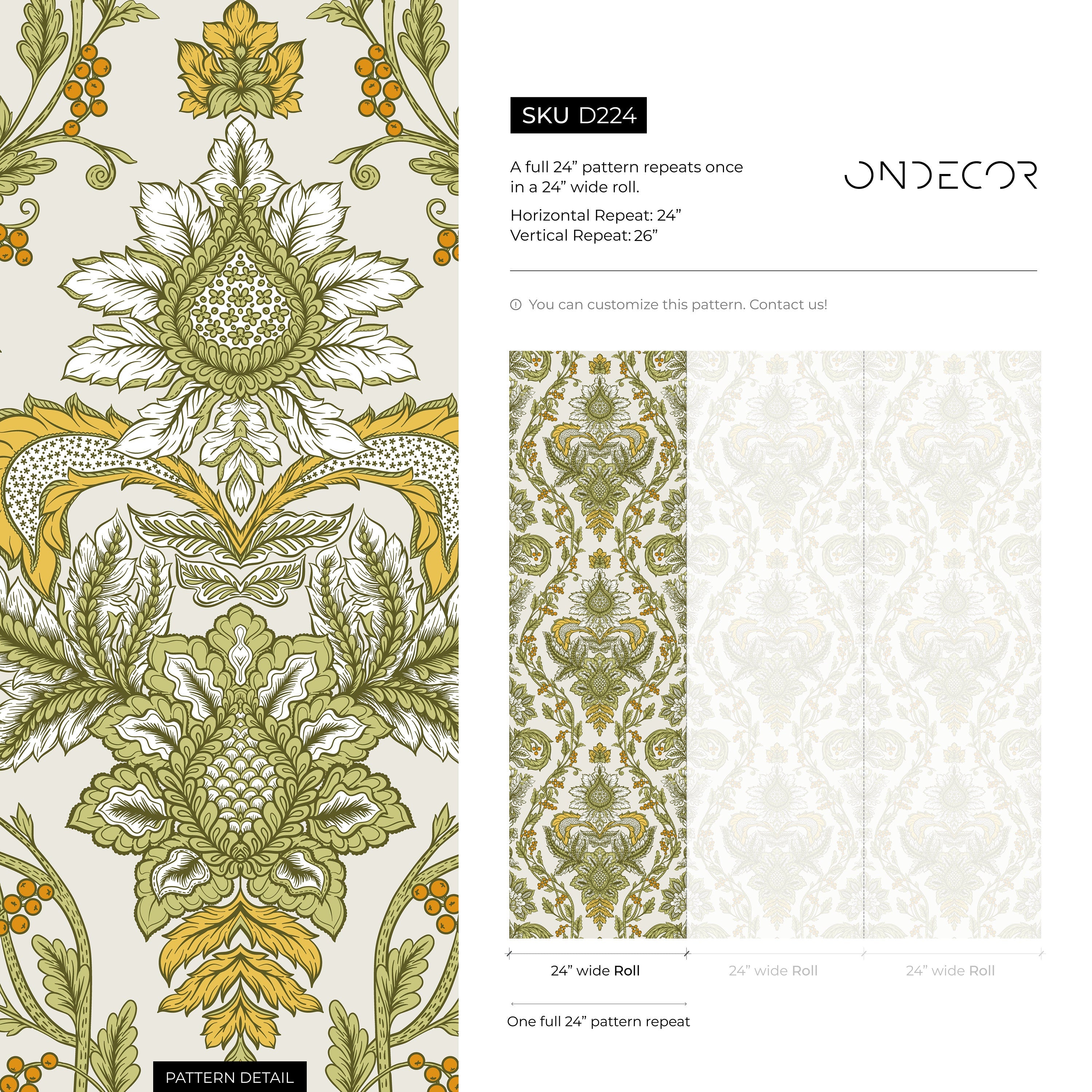 Victorian Wallpaper With A Floral Damask Motif In Green, Yellow, And Orange - D224