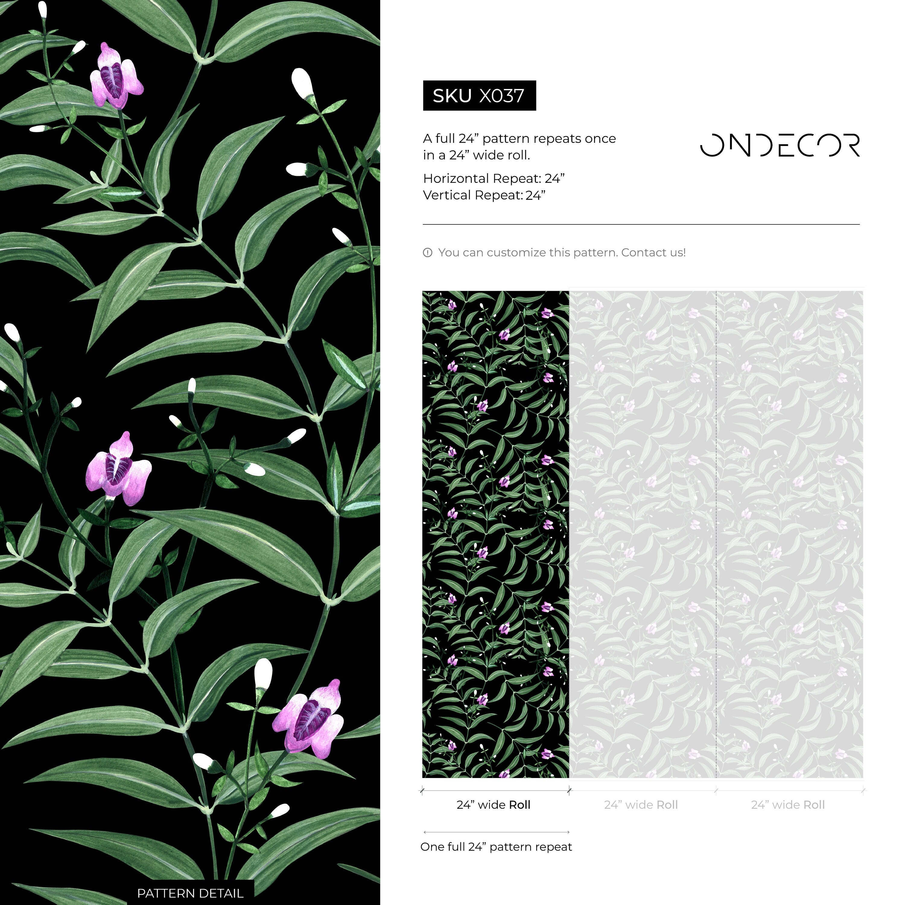 Botanical Wallpaper With Delicate Floral Vines In Green, Purple, And Black - X037