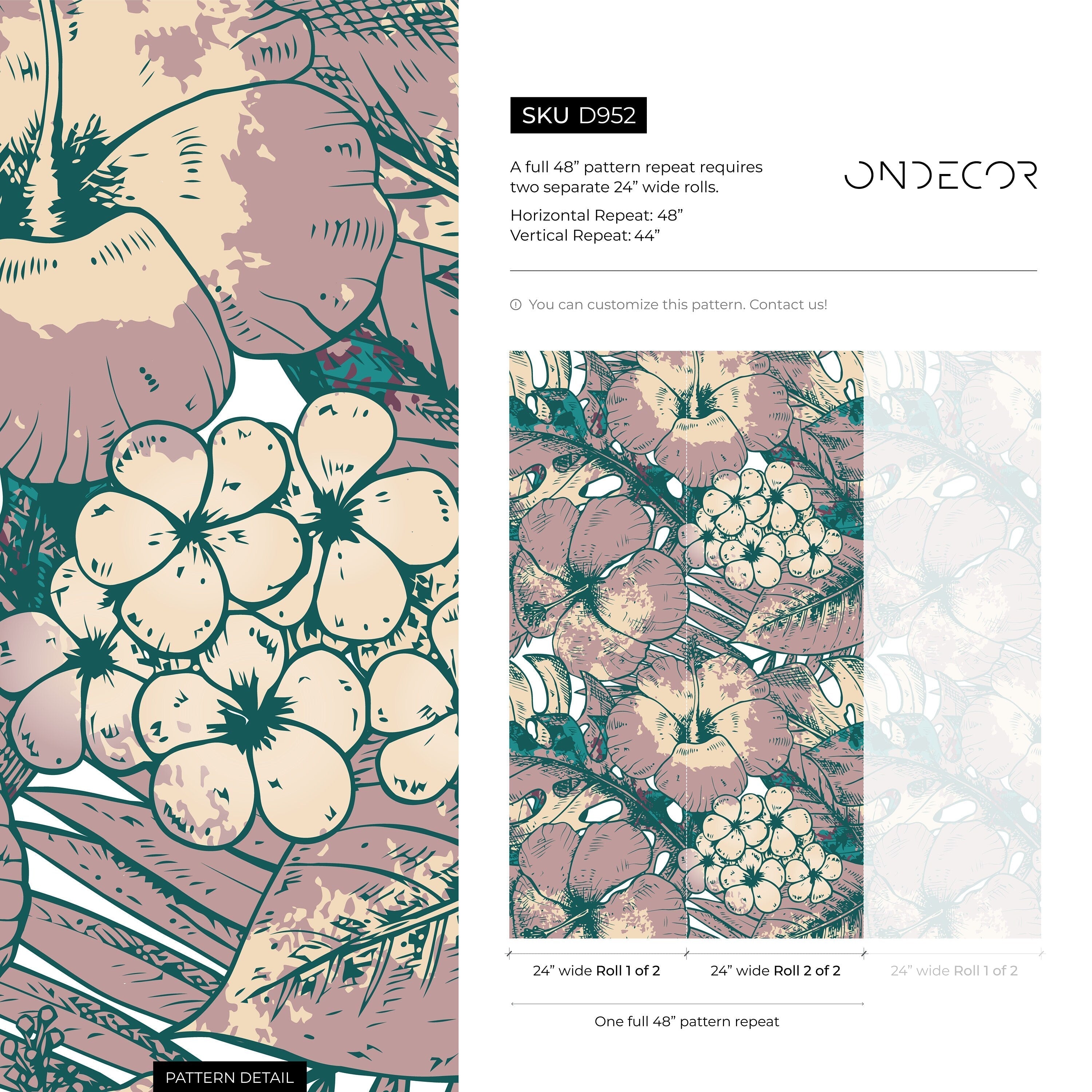 Tropical Wallpaper With Sketched Hibiscus In Mauve, Teal, And Beige - D952