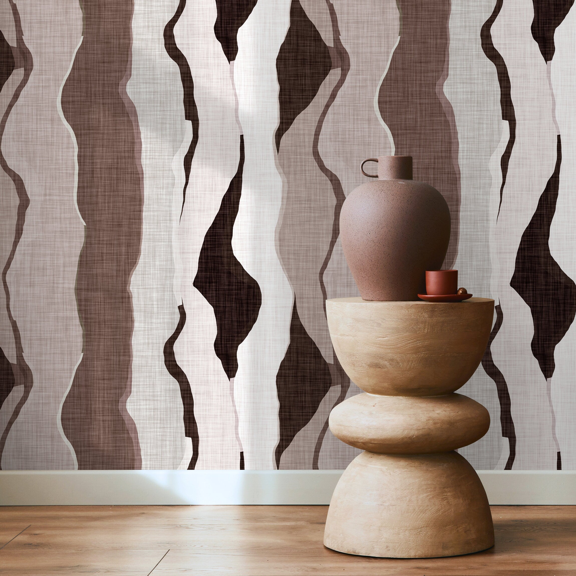 Abstract Wallpaper With Flowing Organic Layers In Brown, Beige, And Off-white - D796