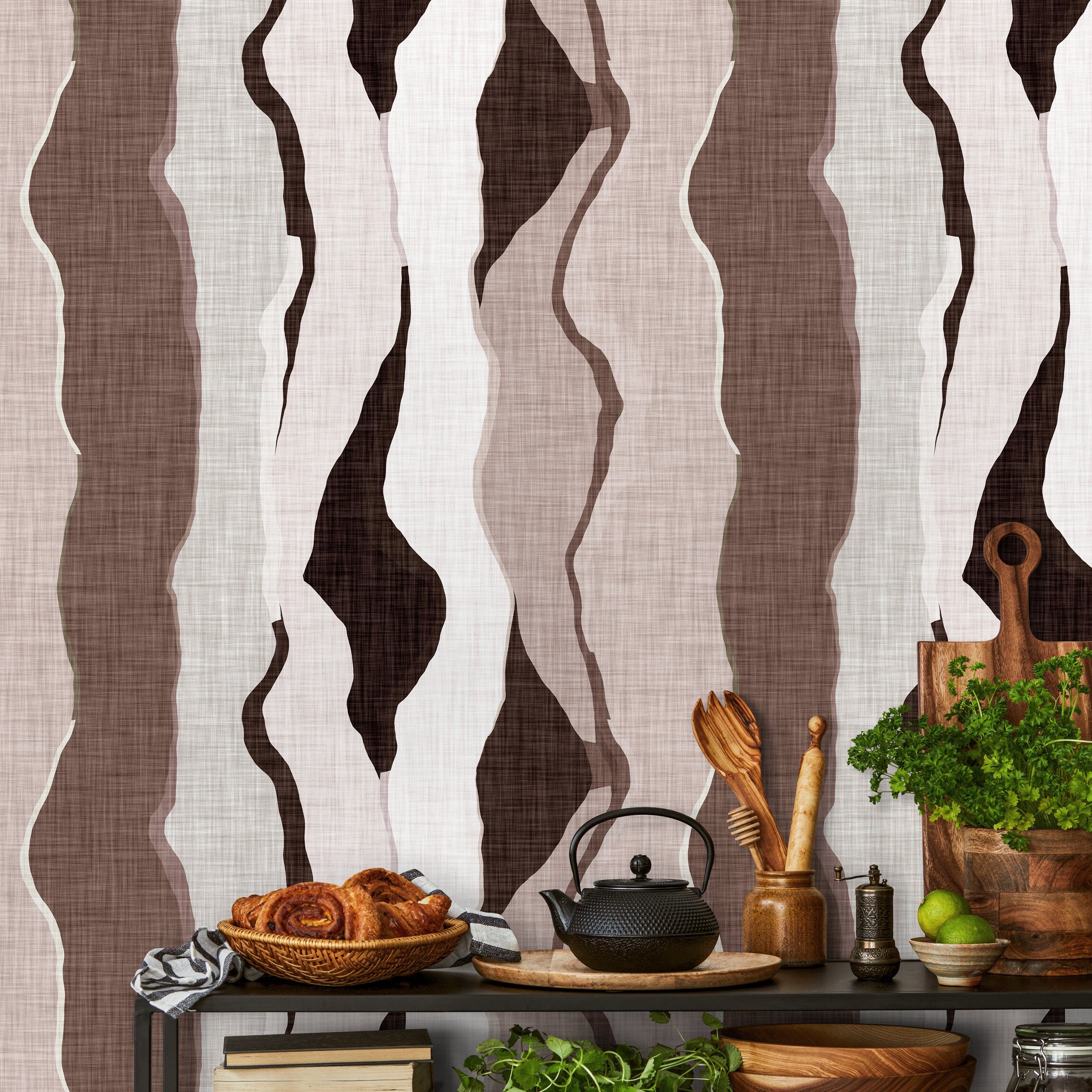 Abstract Wallpaper With Flowing Organic Layers In Brown, Beige, And Off-white - D796