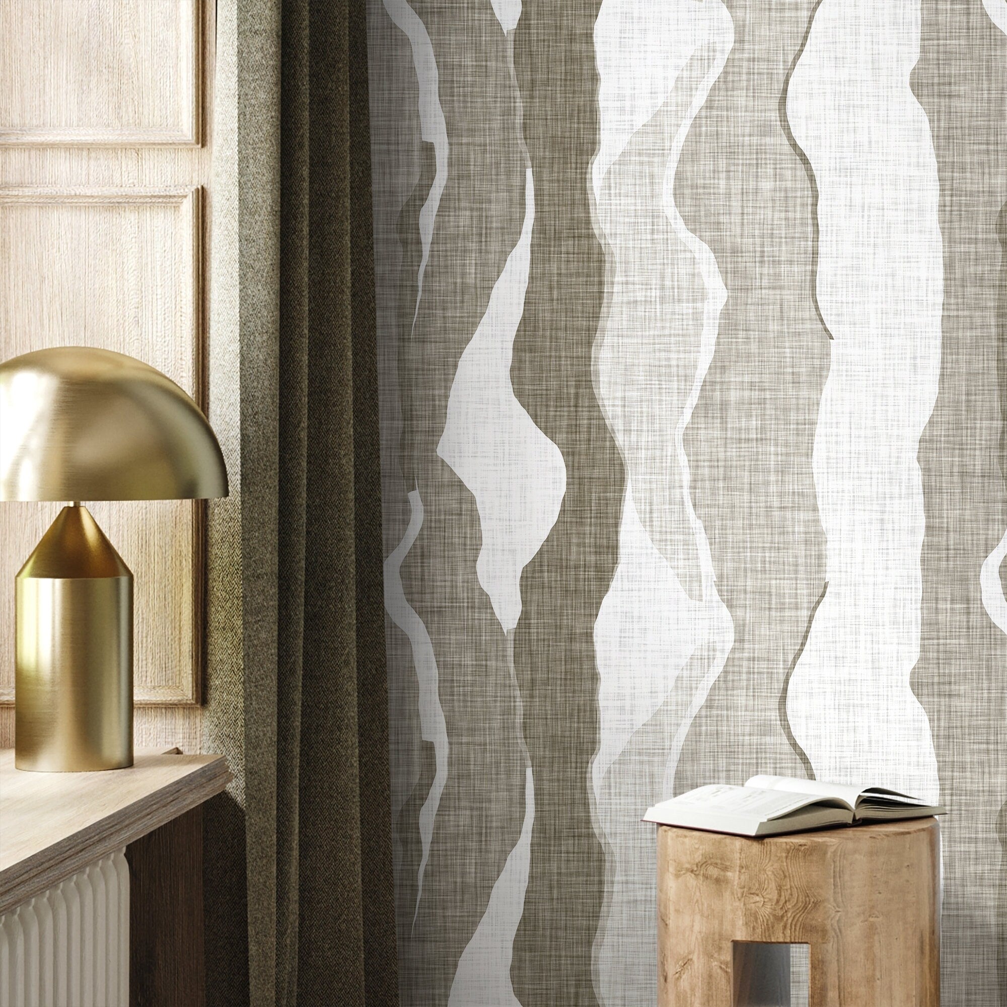 Abstract Wallpaper With Flowing Wave Layers In Beige And White - D838