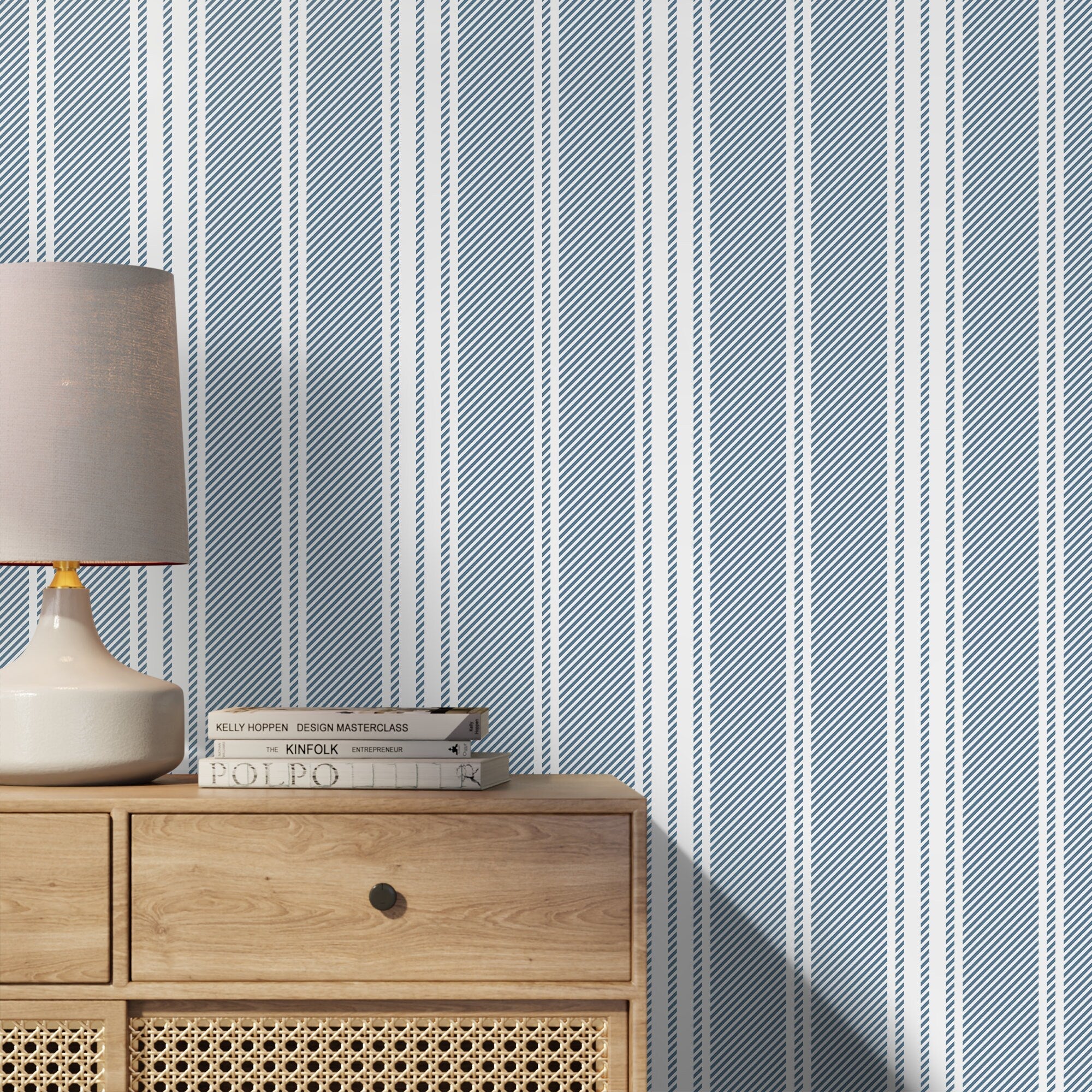 Striped Wallpaper Featuring Classic Ticking Stripes In Blue And White - D781