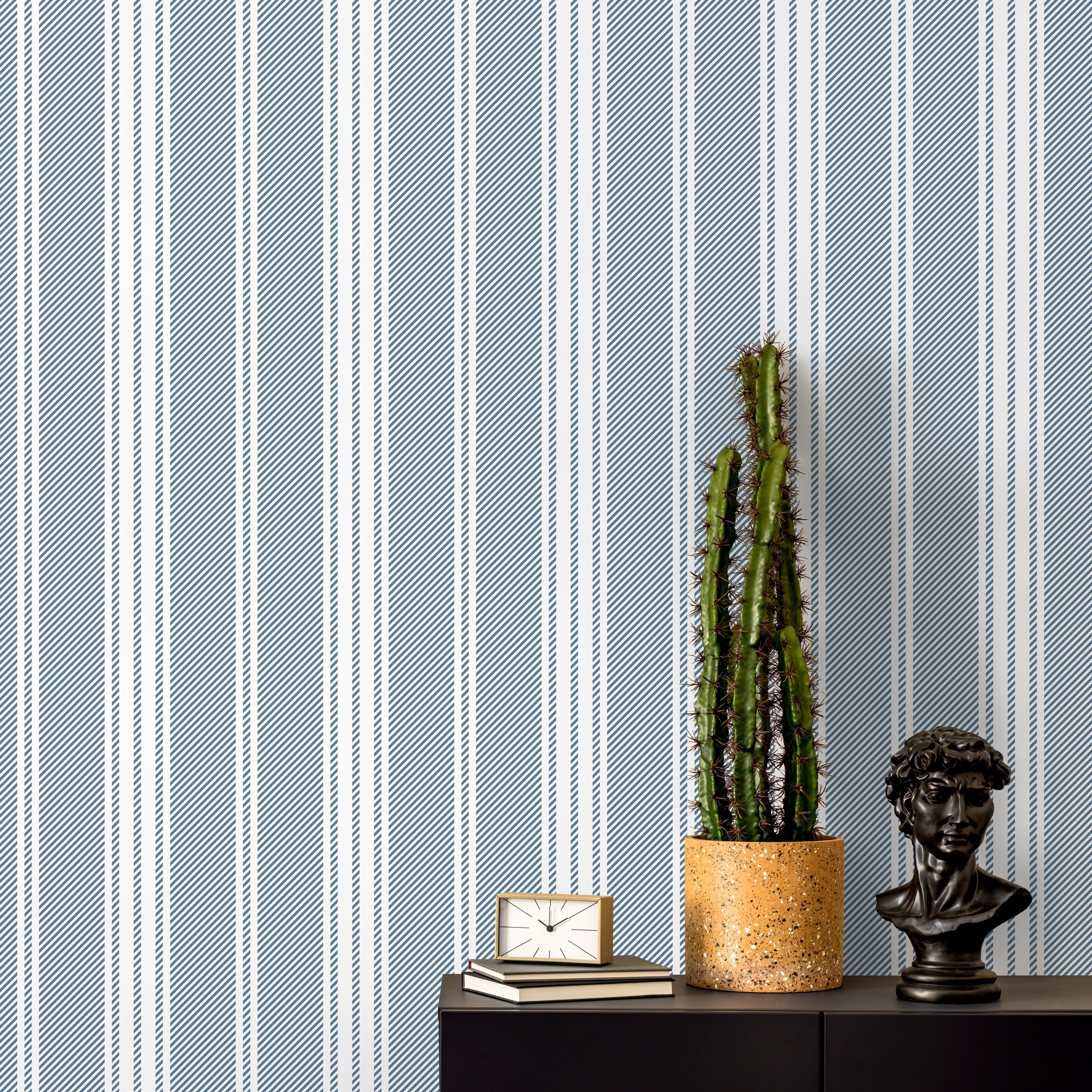 Striped Wallpaper Featuring Classic Ticking Stripes In Blue And White - D781