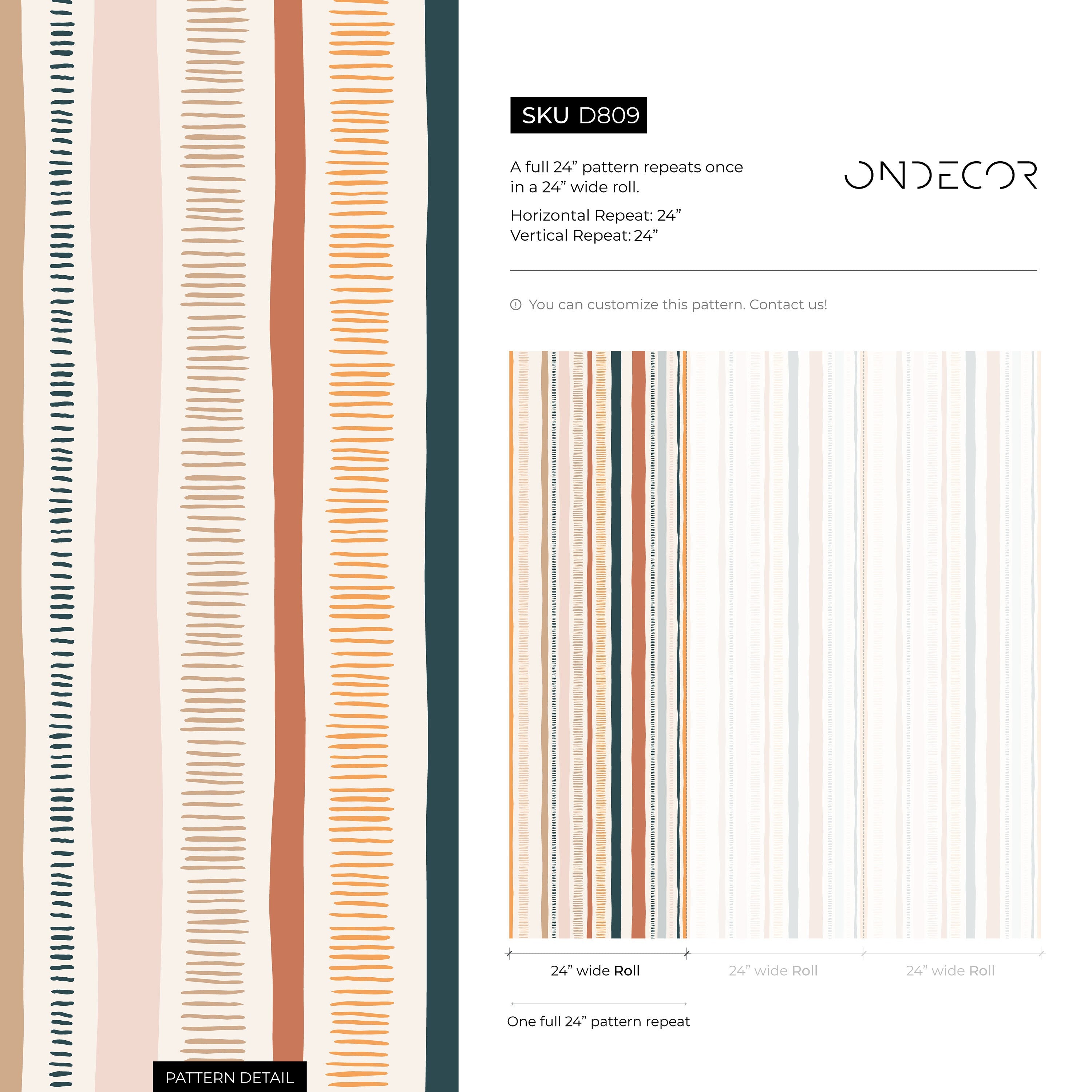 Abstract Wallpaper With Hand-drawn Vertical Stripes In Rust, Navy, And Orange - D809