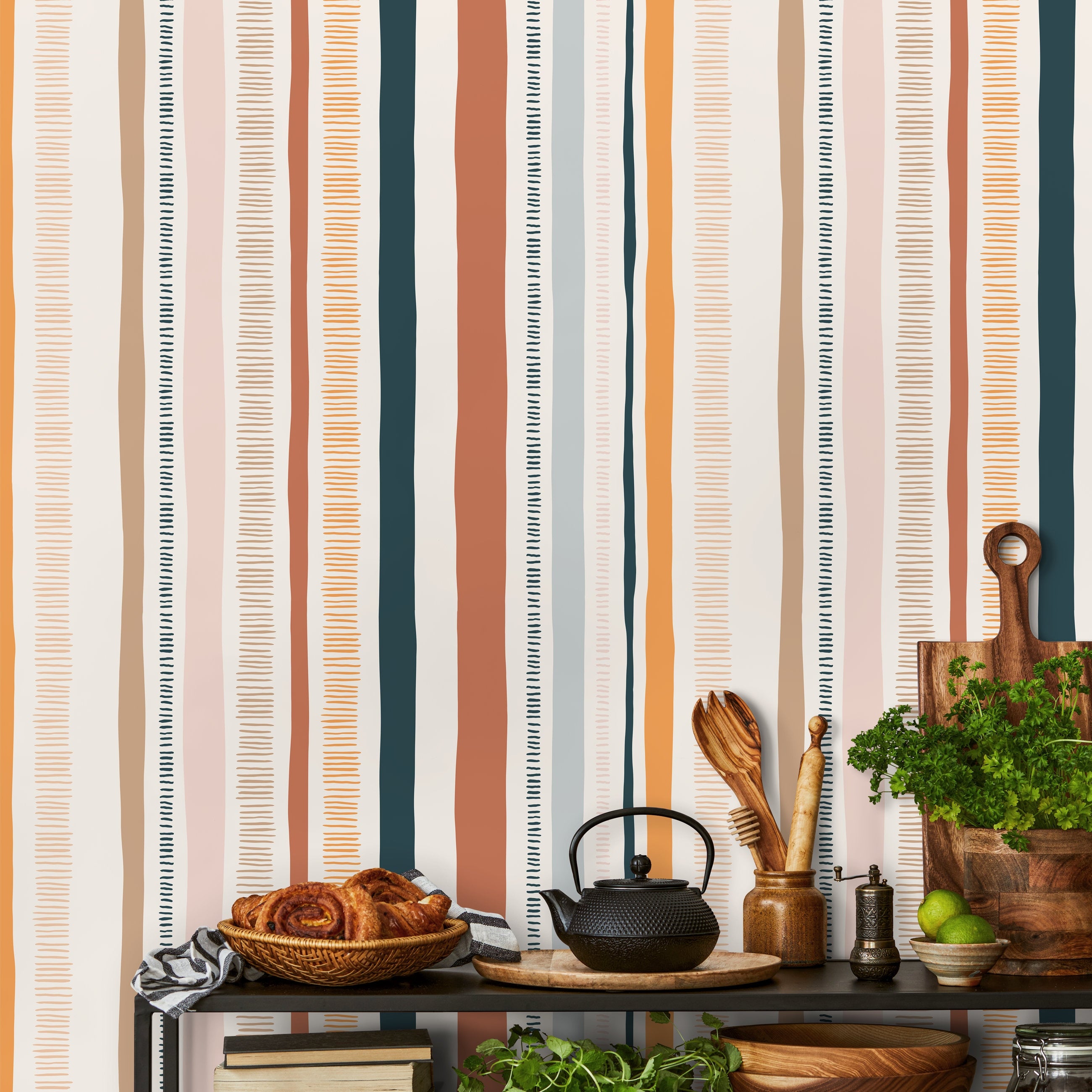 Abstract Wallpaper With Hand-drawn Vertical Stripes In Rust, Navy, And Orange - D809