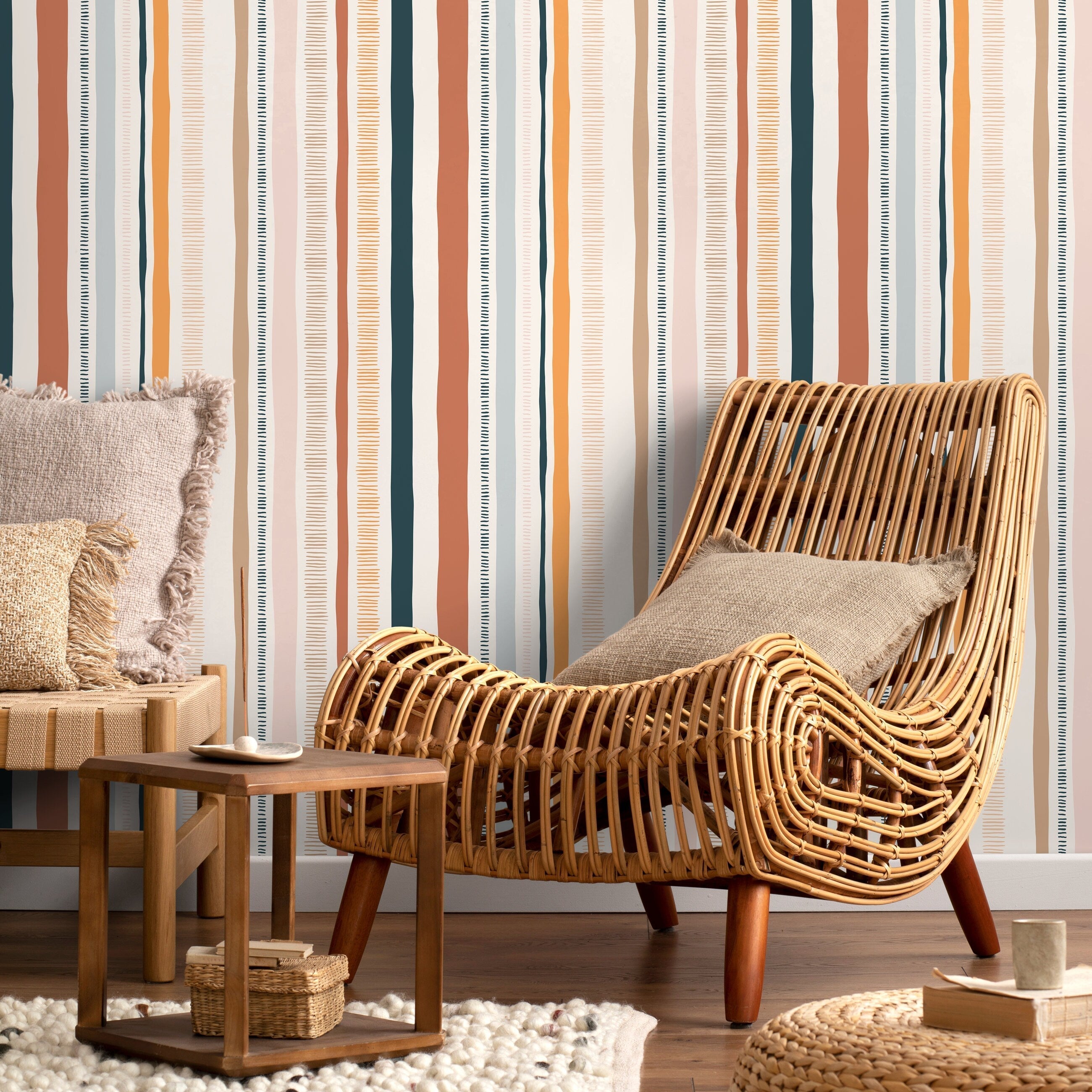 Abstract Wallpaper With Hand-drawn Vertical Stripes In Rust, Navy, And Orange - D809