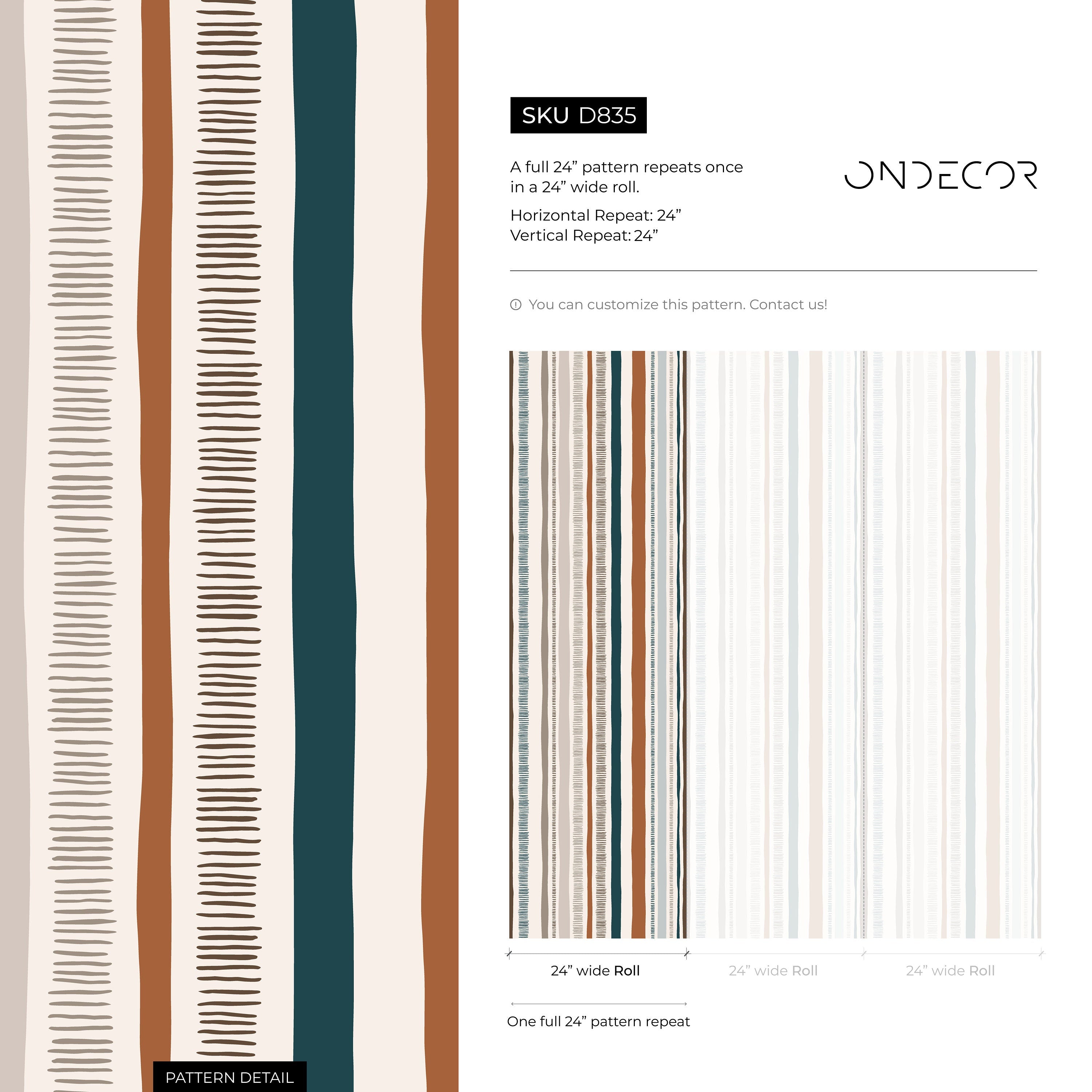 Abstract Wallpaper With Organic Hand-drawn Stripes In Rust, Teal, And Brown - D835