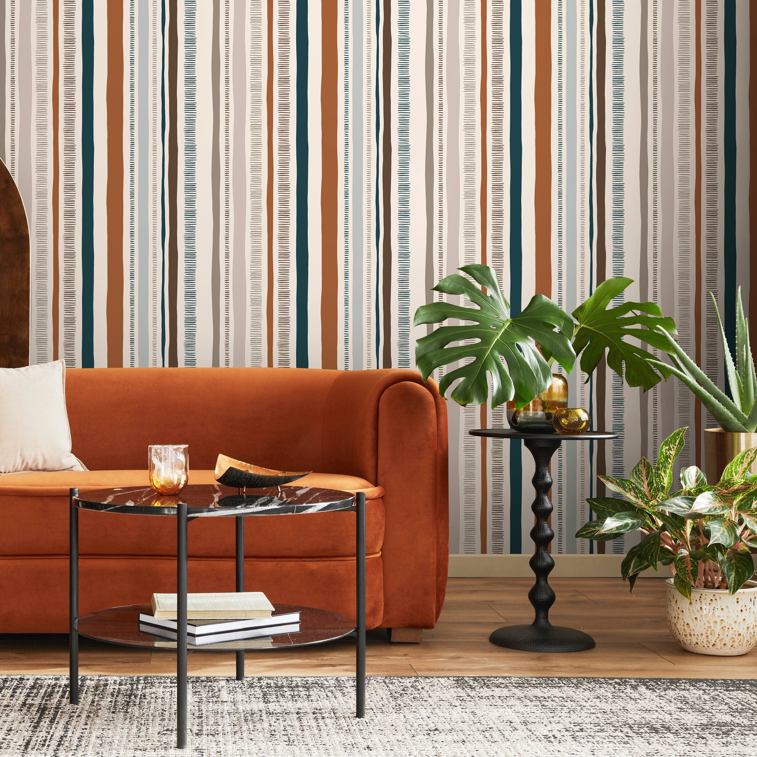 Abstract Wallpaper With Organic Hand-drawn Stripes In Rust, Teal, And Brown - D835