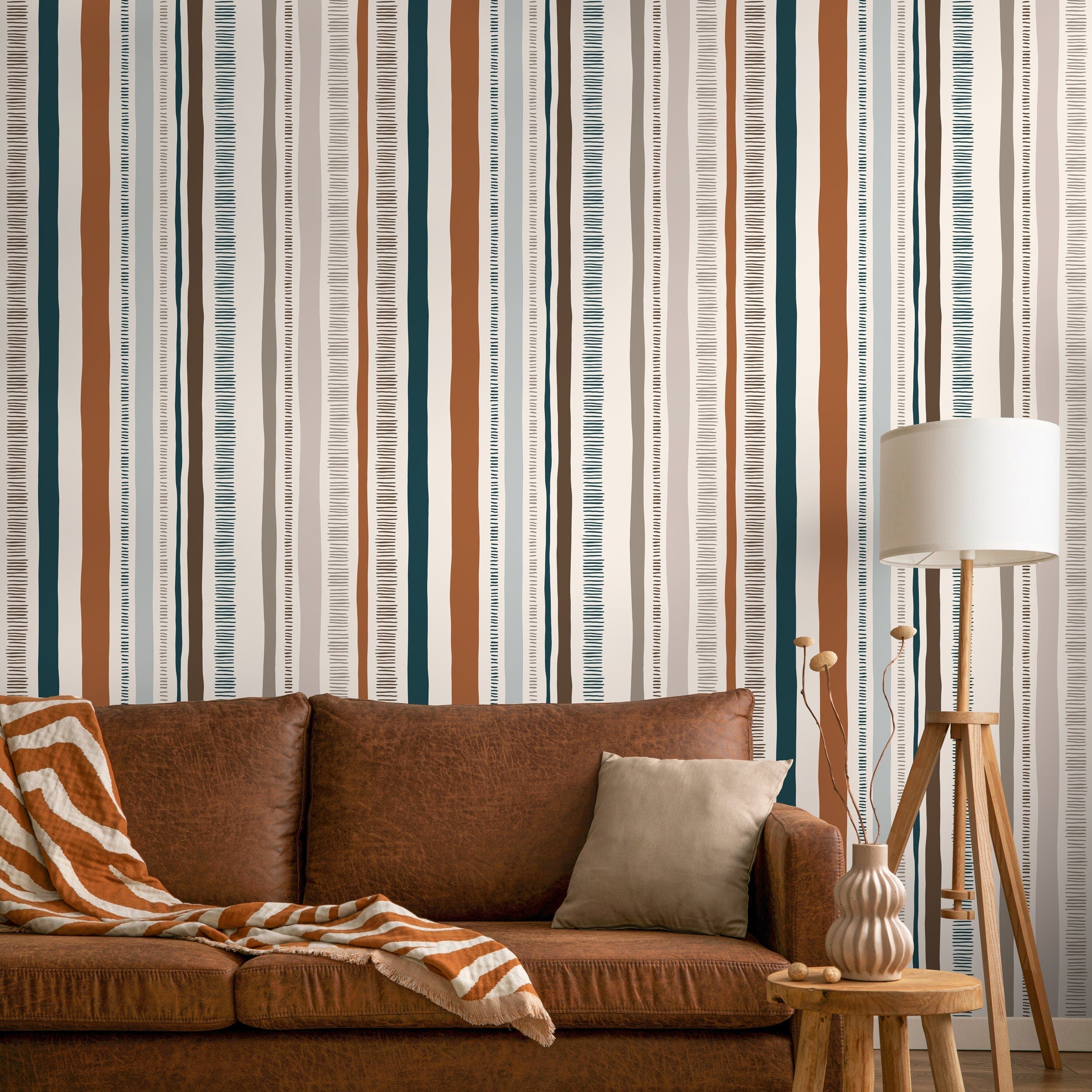 Abstract Wallpaper With Organic Hand-drawn Stripes In Rust, Teal, And Brown - D835