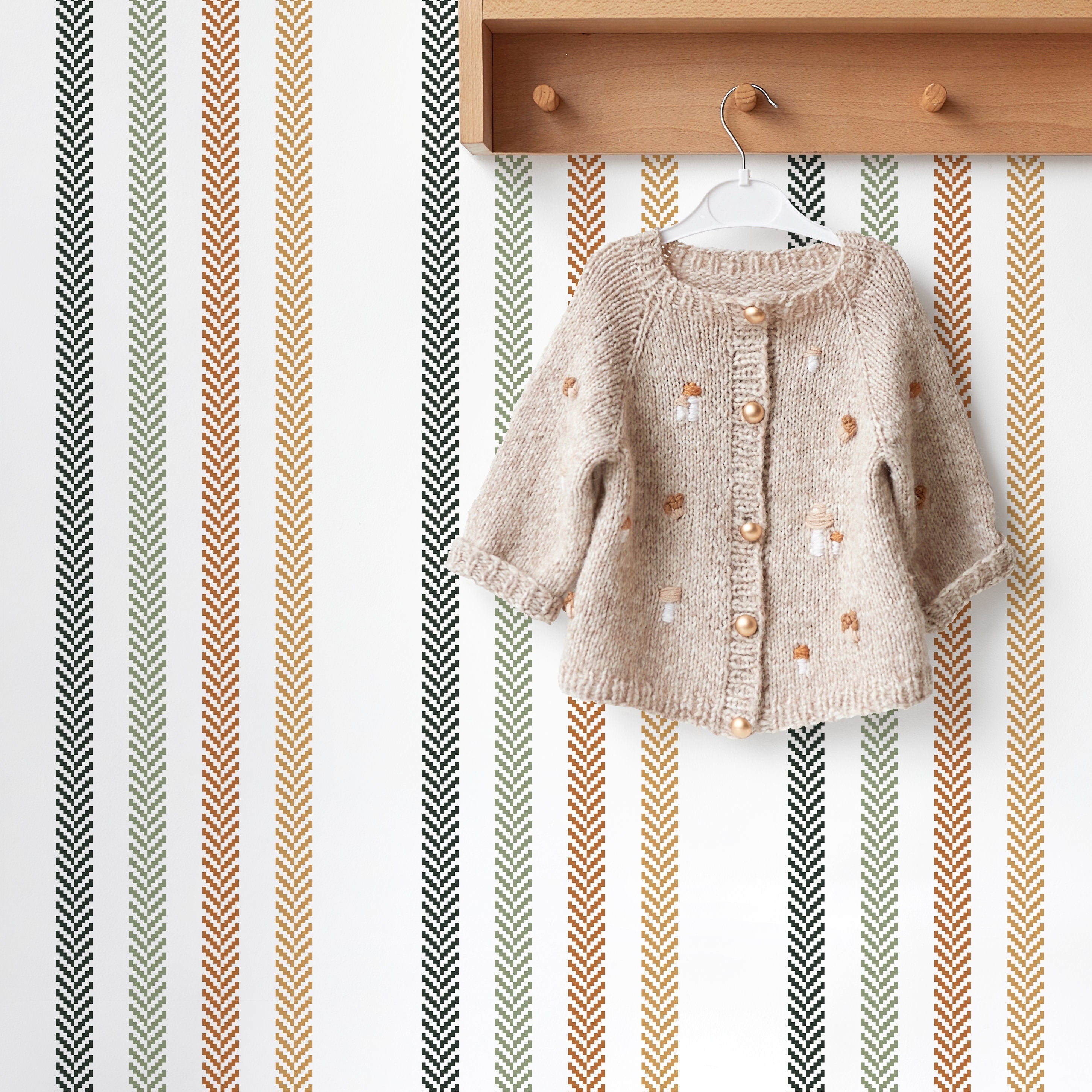 Striped Wallpaper With A Herringbone Motif In Black, Sage, And Rust - D778