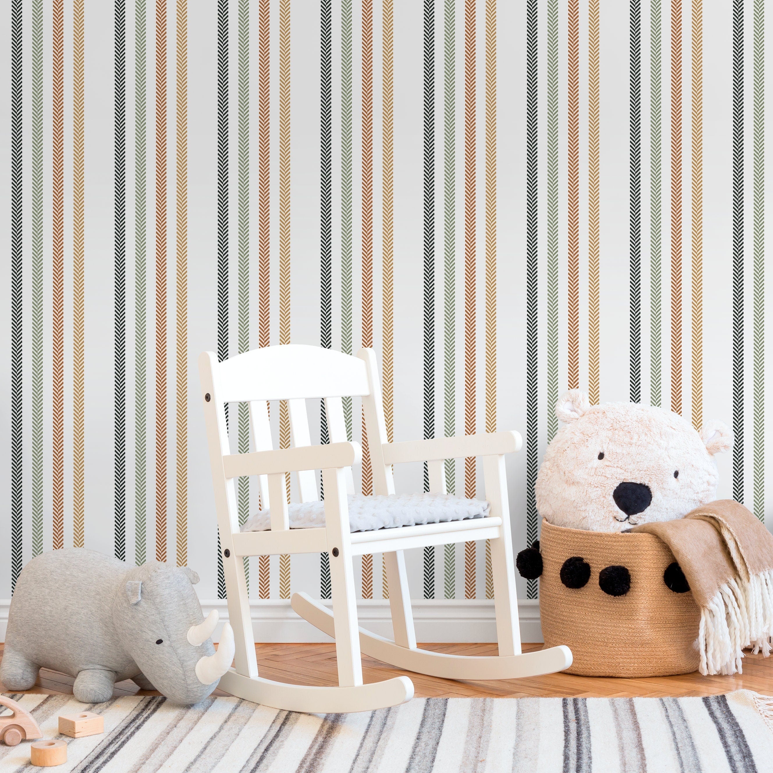 Striped Wallpaper With A Herringbone Motif In Black, Sage, And Rust - D778