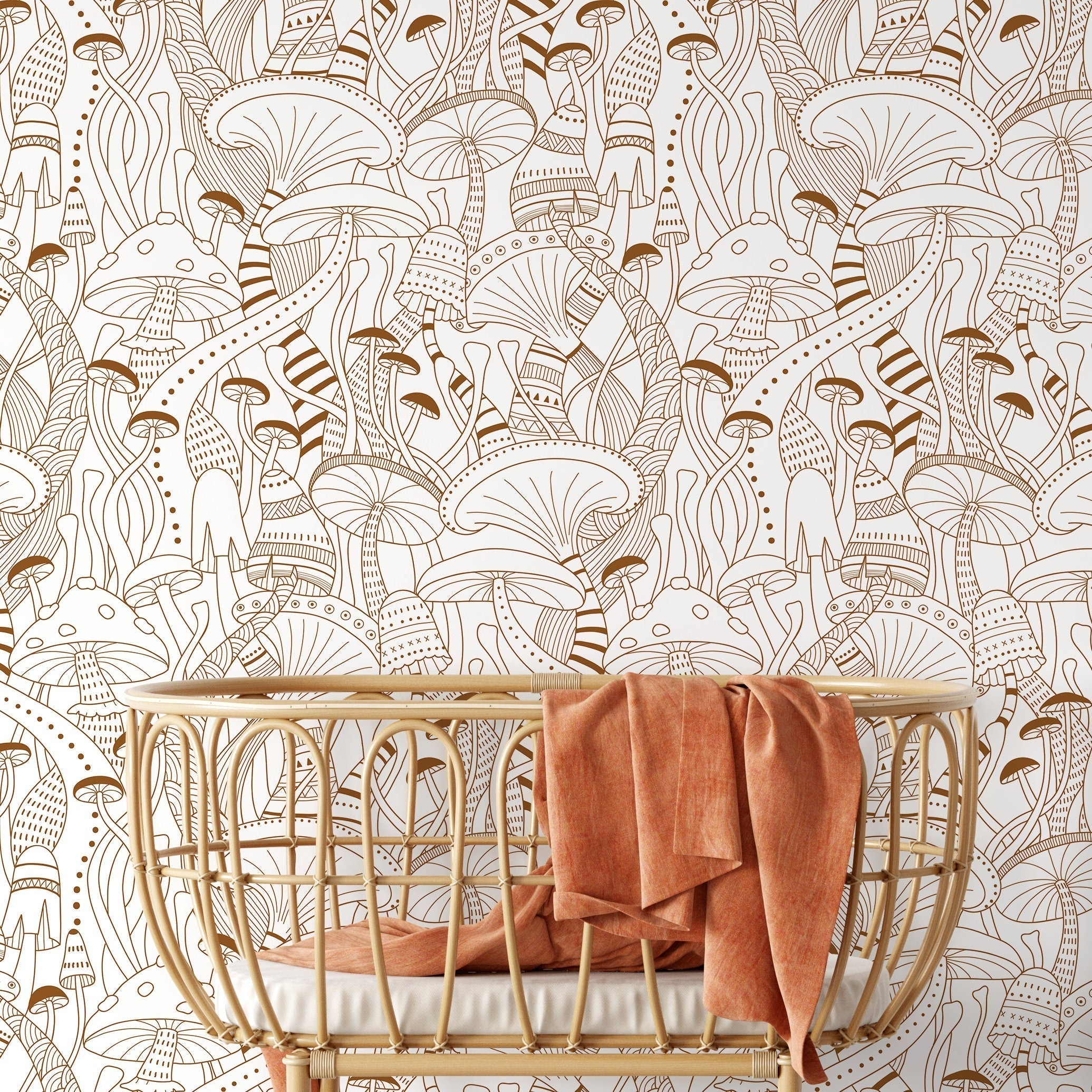 Mushroom Wallpaper With A Whimsical Line Art Motif In Brown - D811