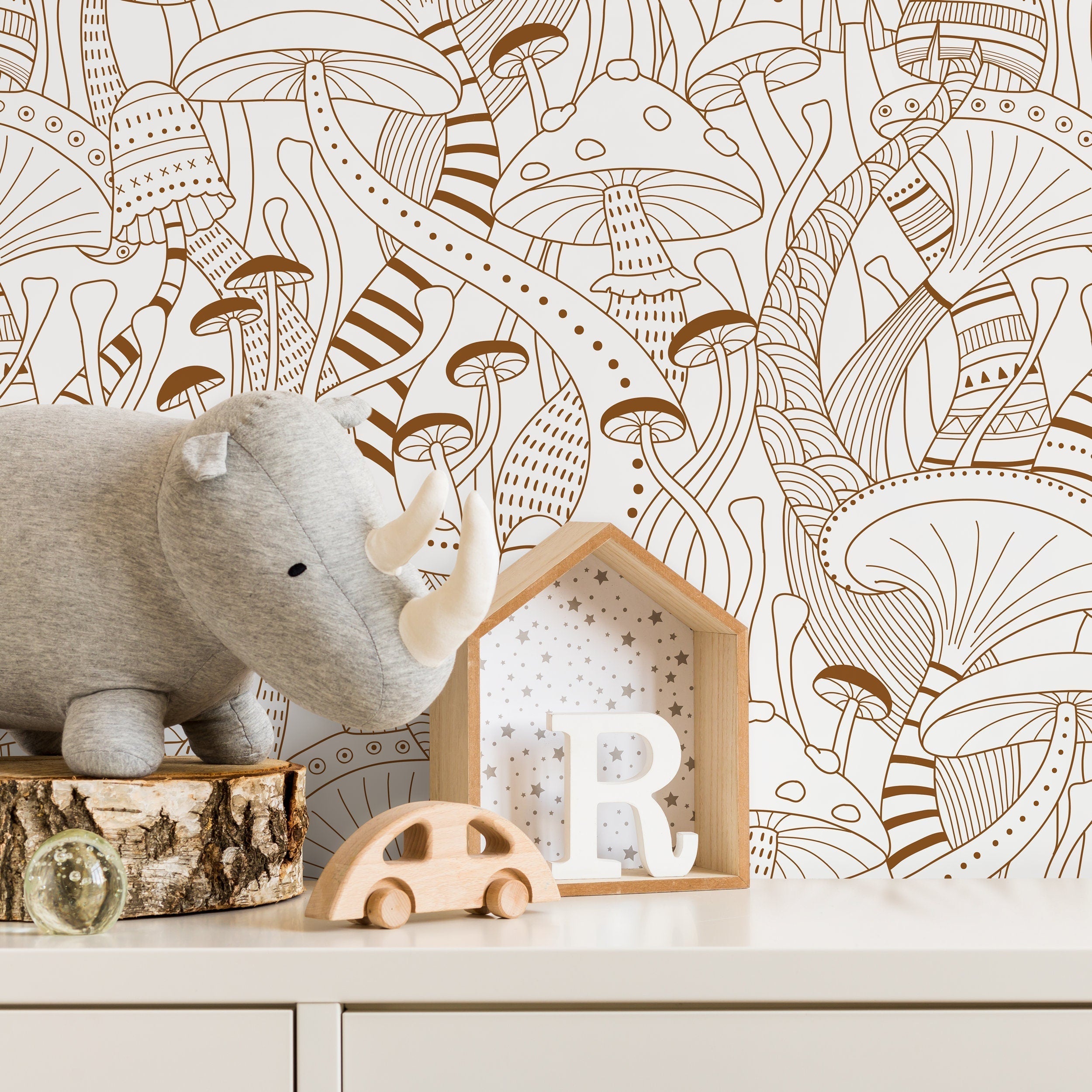 Mushroom Wallpaper With A Whimsical Line Art Motif In Brown - D811
