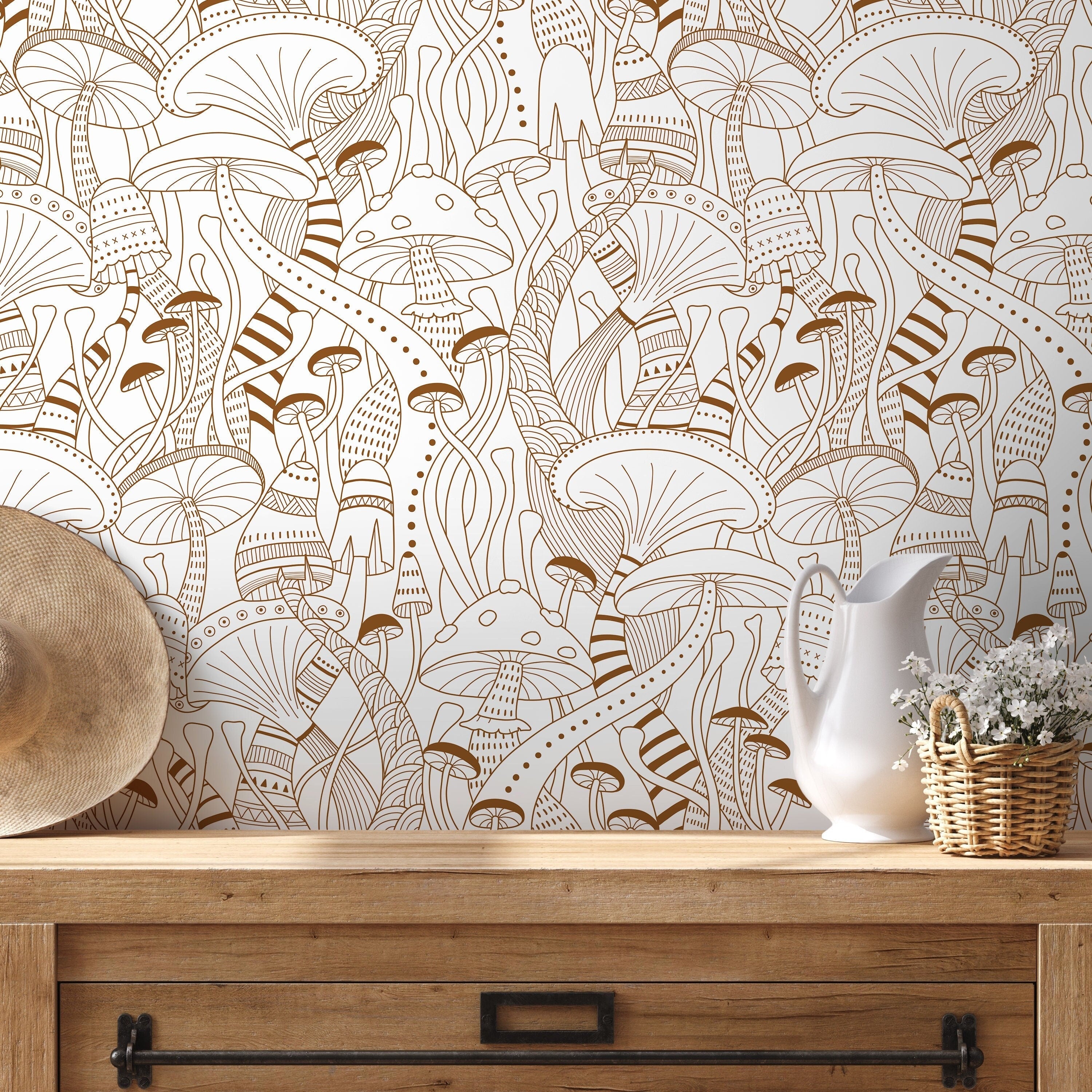 Mushroom Wallpaper With A Whimsical Line Art Motif In Brown - D811