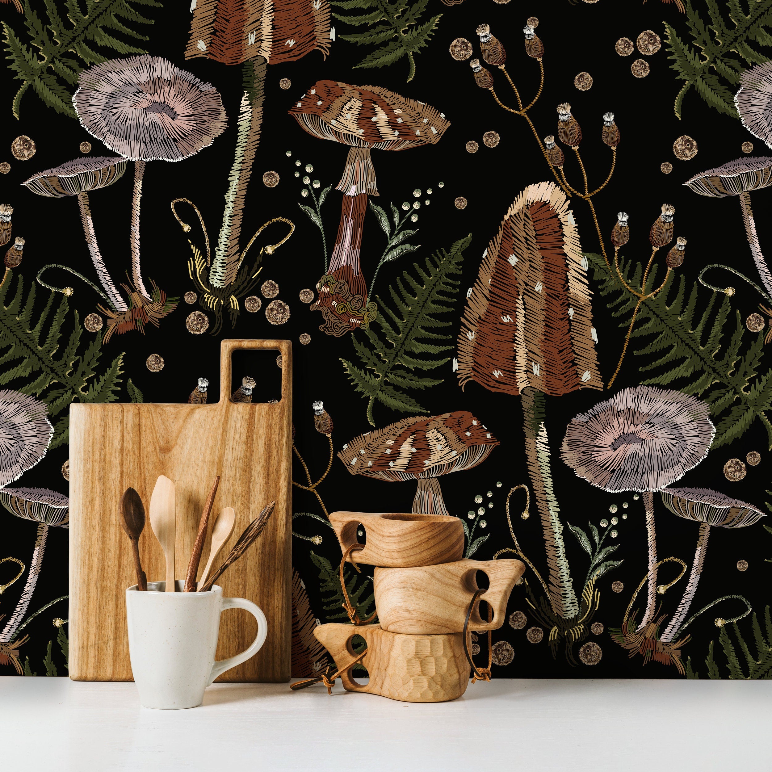Mushroom Wallpaper With An Embroidered Fern Motif In Brown, Green, And Black - D815