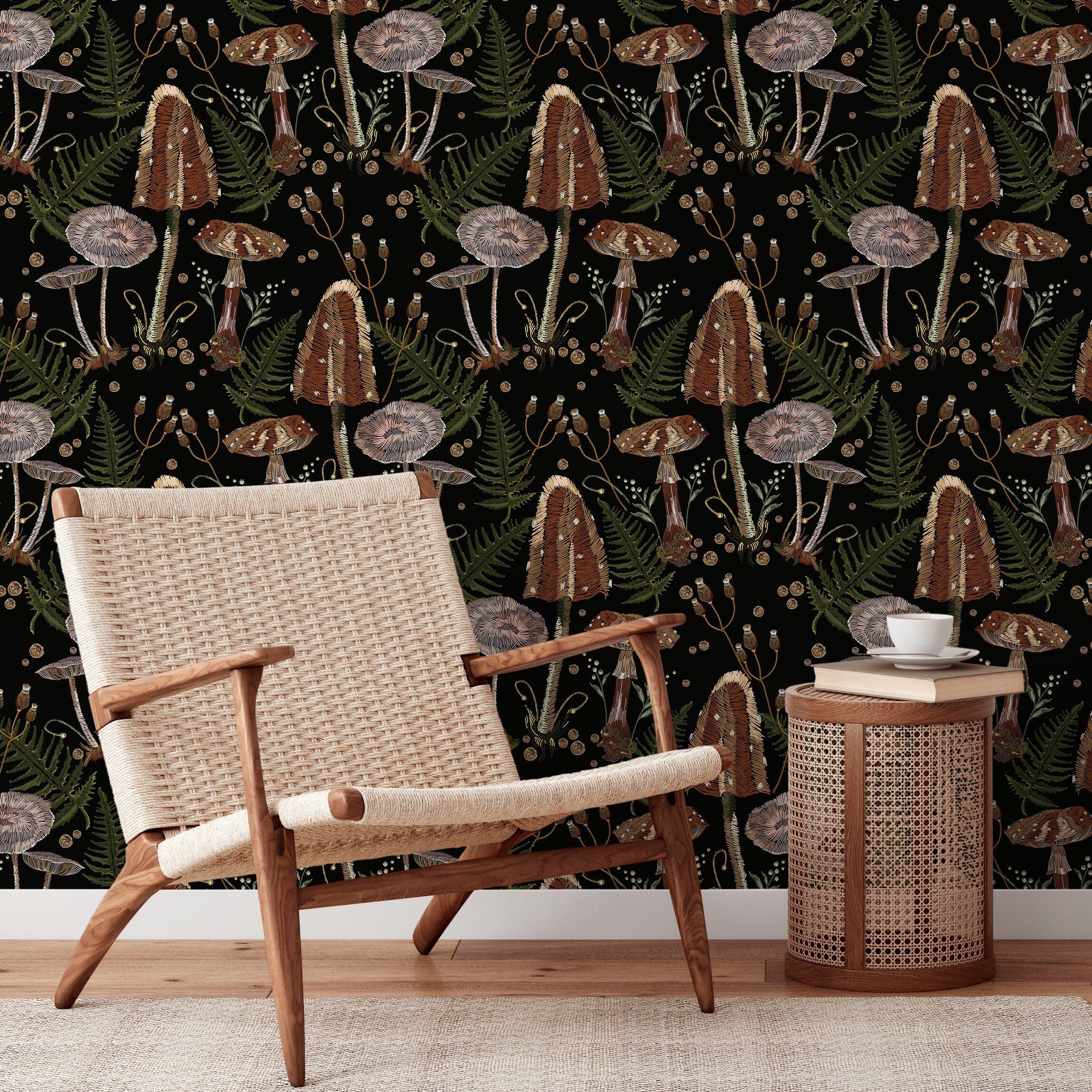 Mushroom Wallpaper With An Embroidered Fern Motif In Brown, Green, And Black - D815