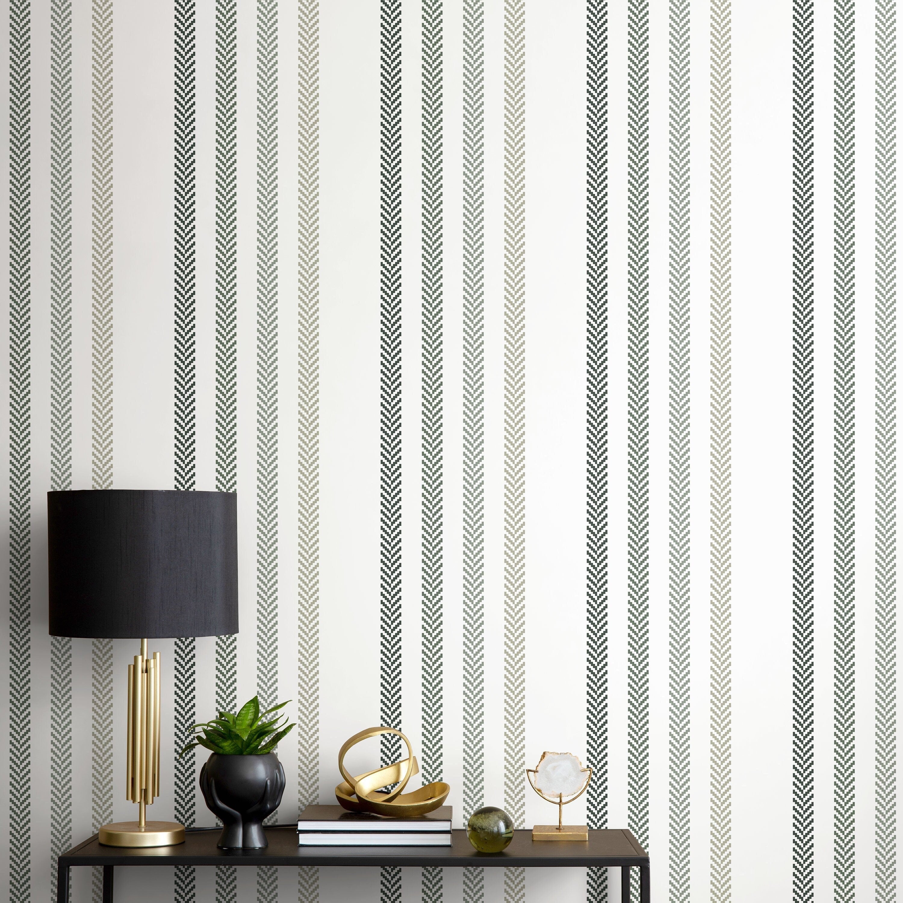 Striped Wallpaper With A Textured Herringbone Motif In Green And Taupe - D780