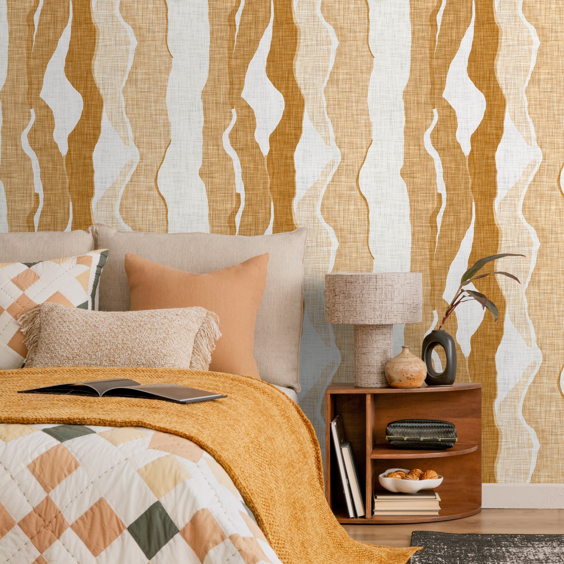 Abstract Wallpaper With Flowing Vertical Waves In Yellow And Ochre - D836