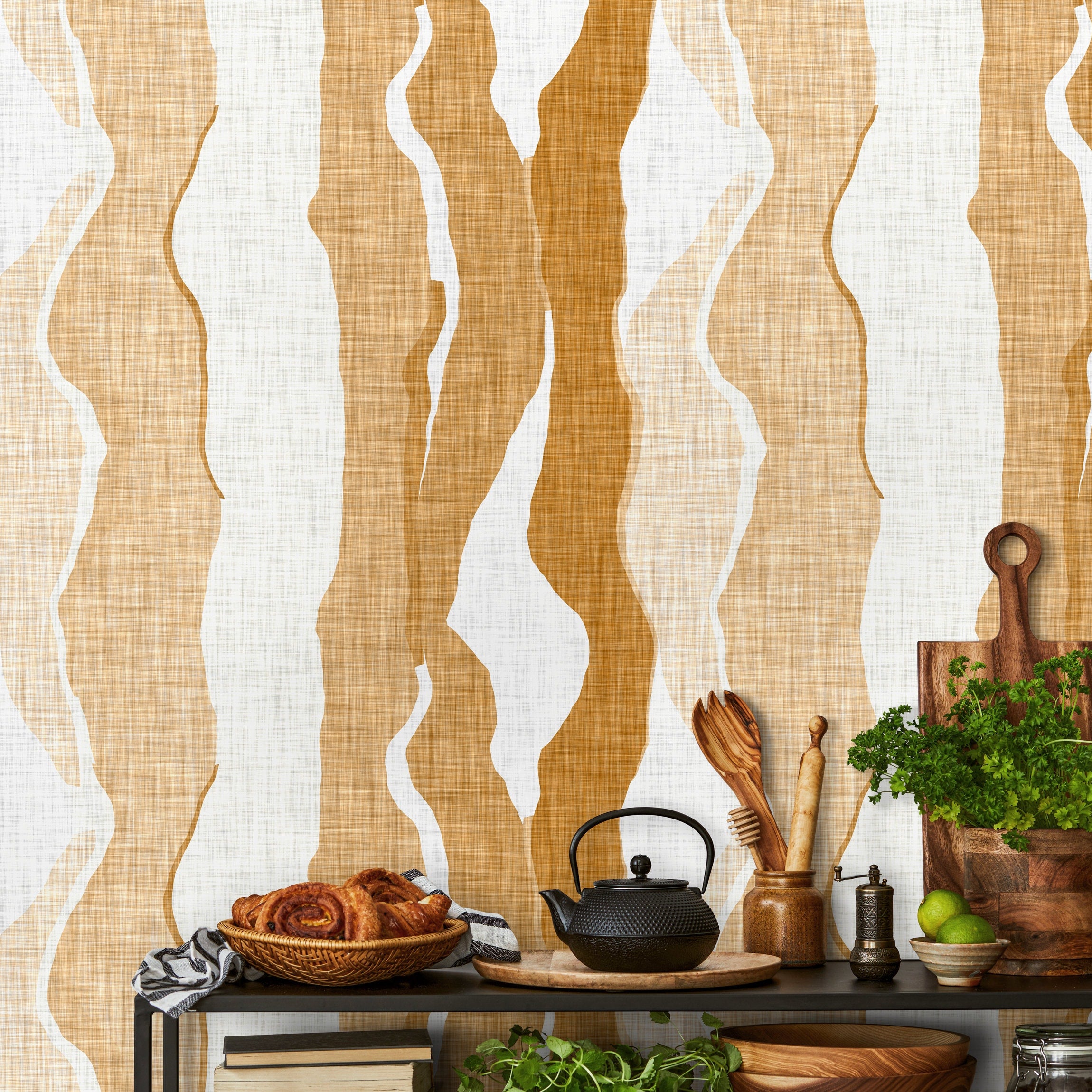 Abstract Wallpaper With Flowing Vertical Waves In Yellow And Ochre - D836