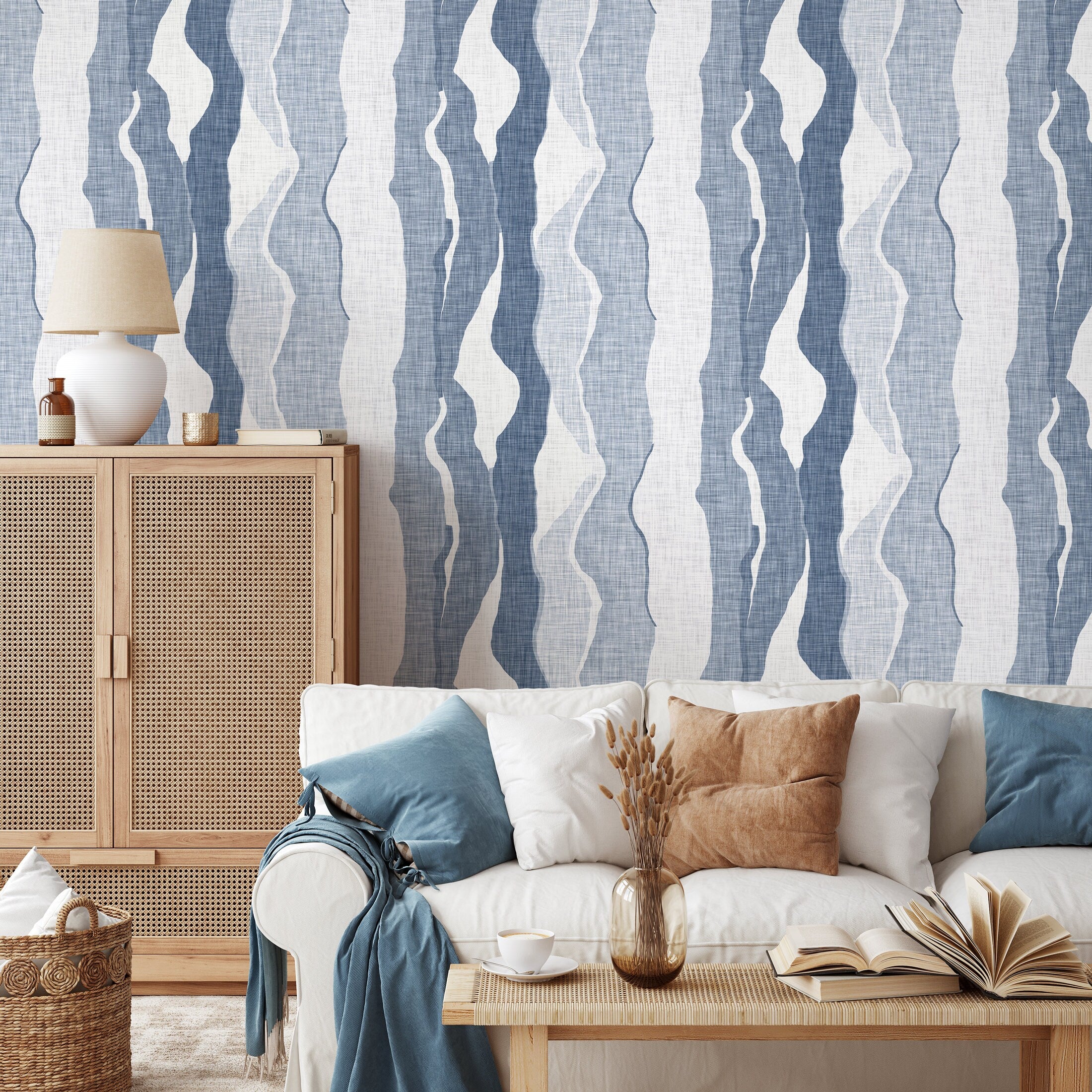 Abstract Wallpaper With Flowing Wave Stripes In Blue And White - D837