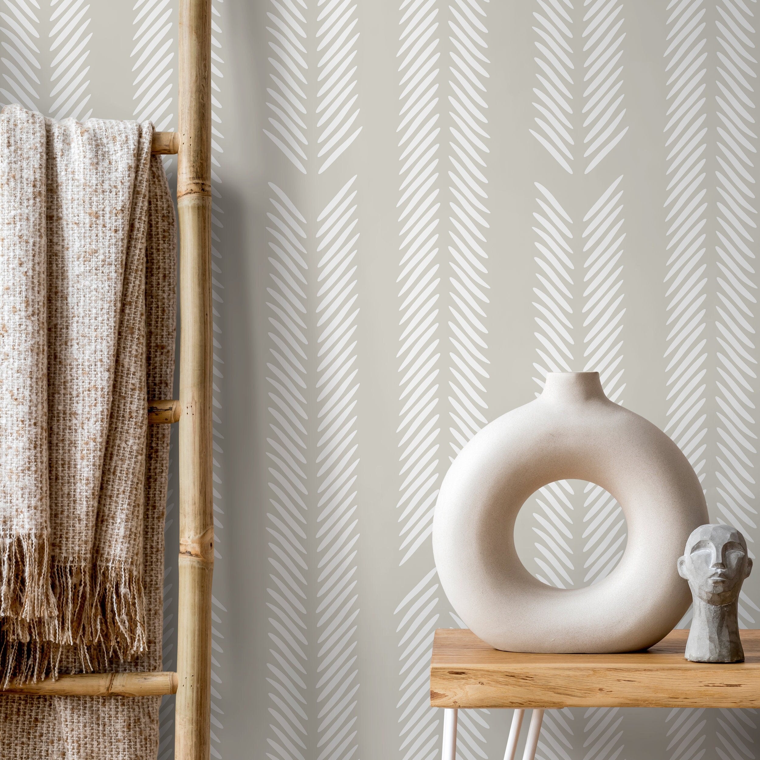Herringbone Wallpaper With A Brushed Stripe Motif In Greige And White - D800