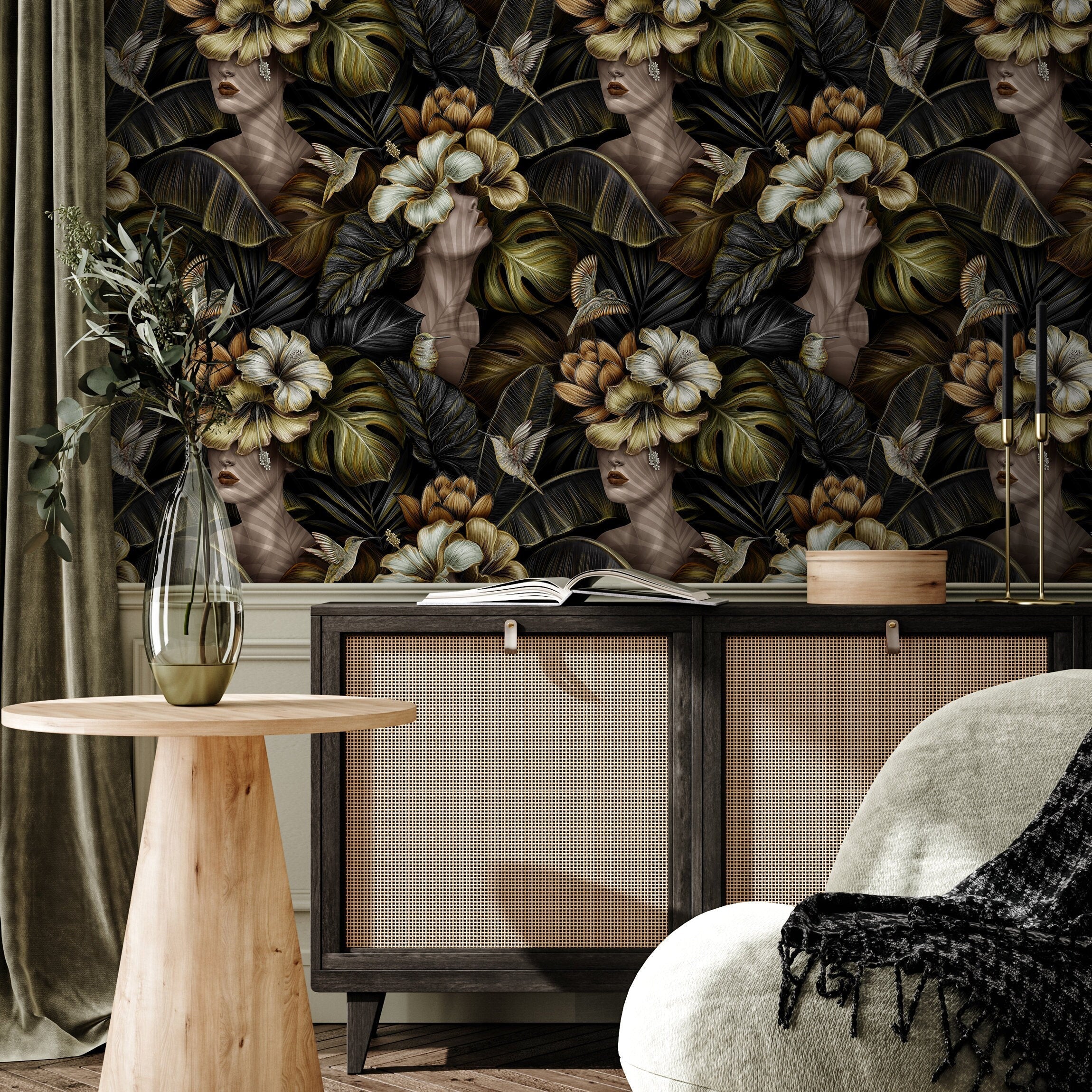 Botanical Wallpaper Featuring Surrealist Statues In Black, Green, And Gold - C399