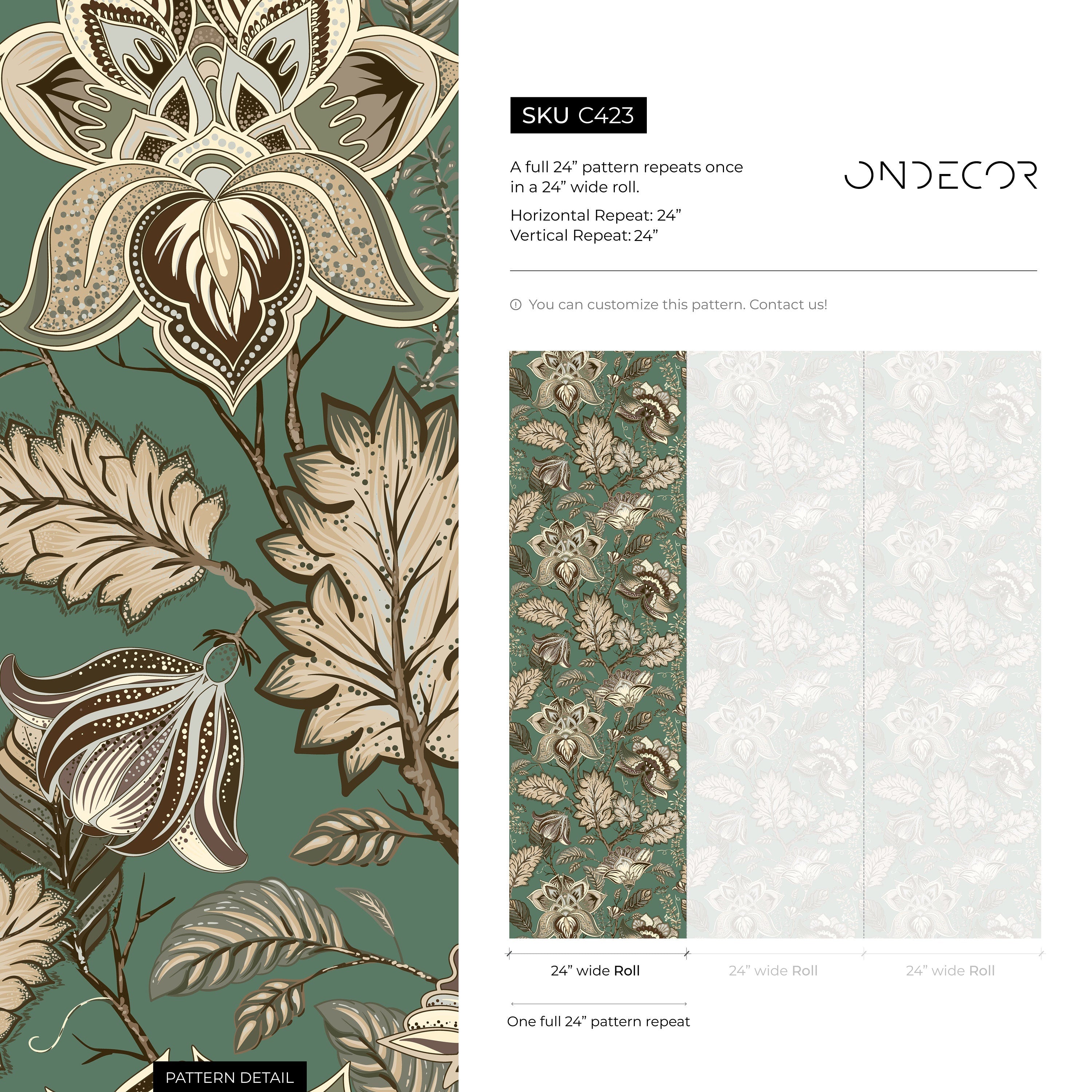 Floral Wallpaper With A Vintage Jacobean Motif In Green, Beige, And Brown - C423