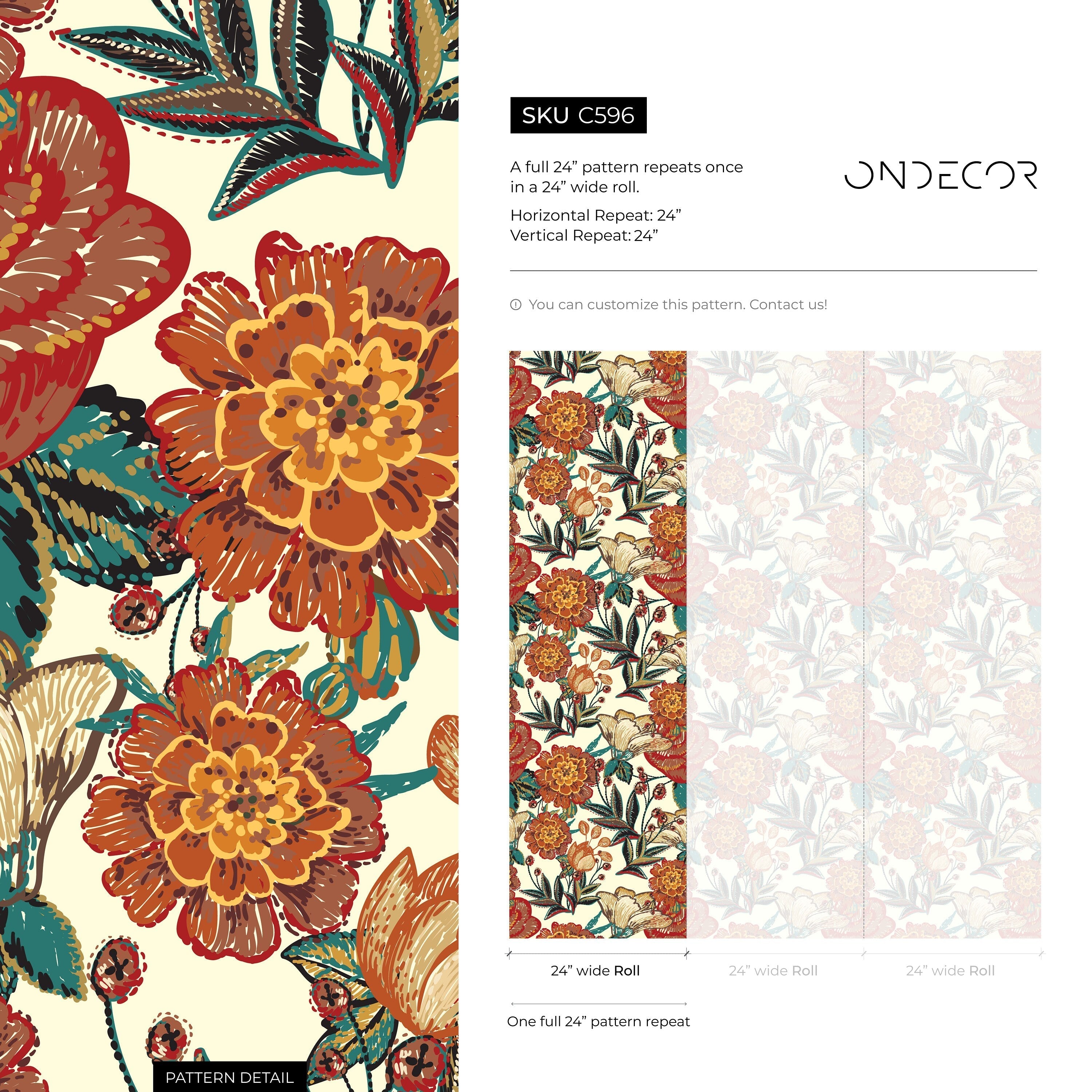 Vintage Floral Wallpaper With An Embroidered Style In Red, Orange, And Teal - C596