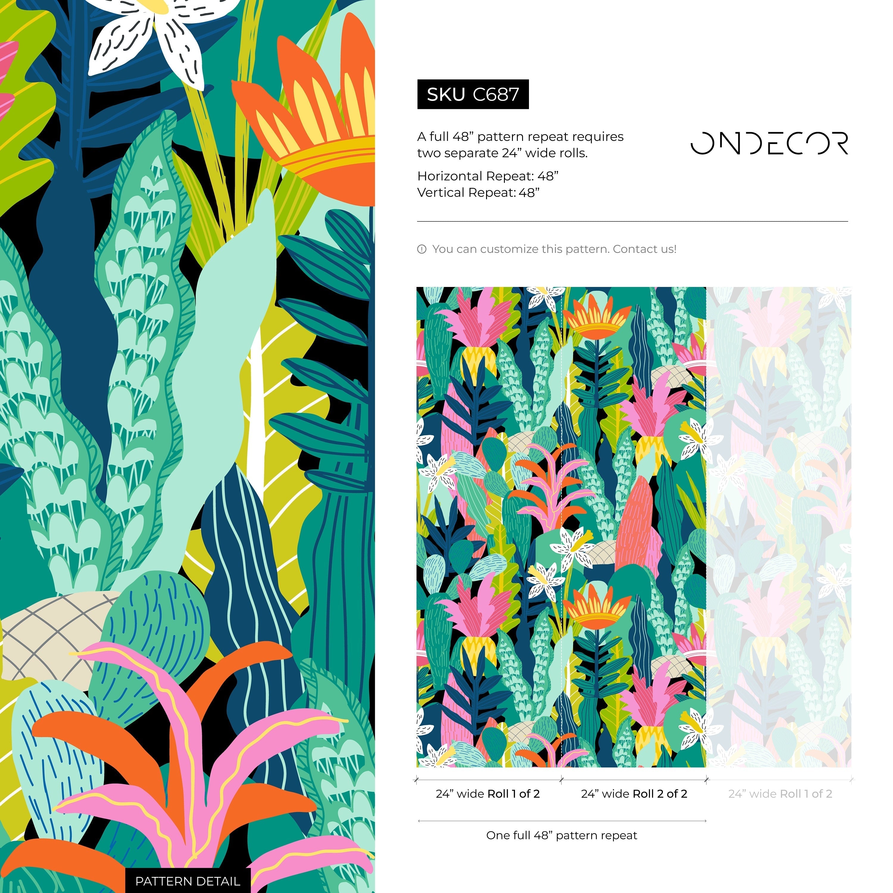 Botanical Wallpaper With A Stylized Jungle Motif In Pink, Green, And Orange - C687