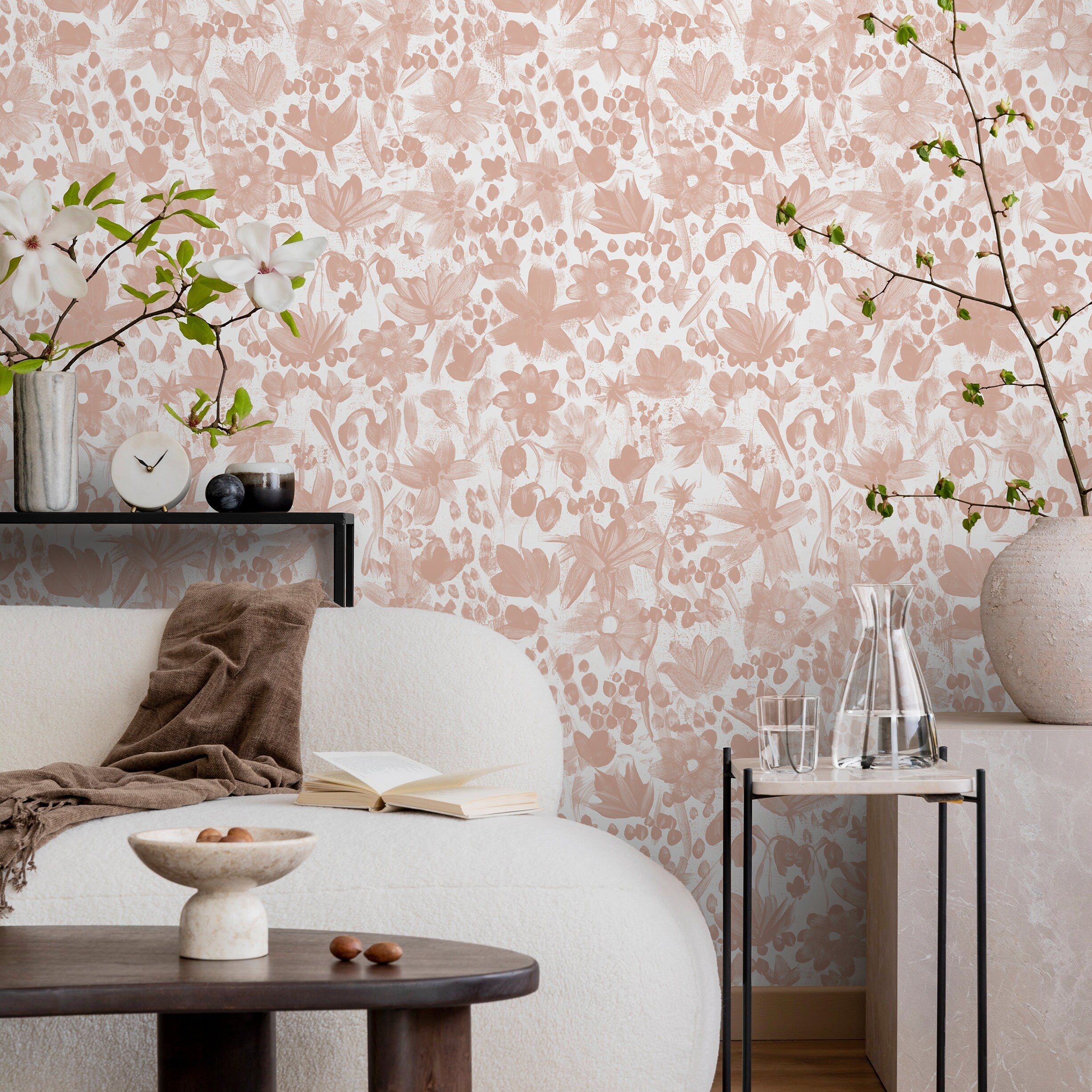 Floral Wallpaper With A Painterly Brushstroke Print In Pink - X195