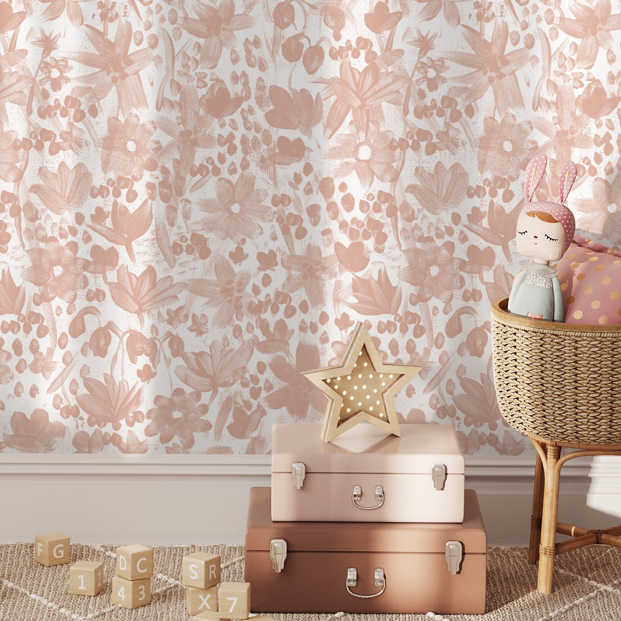 Floral Wallpaper With A Painterly Brushstroke Print In Pink - X195