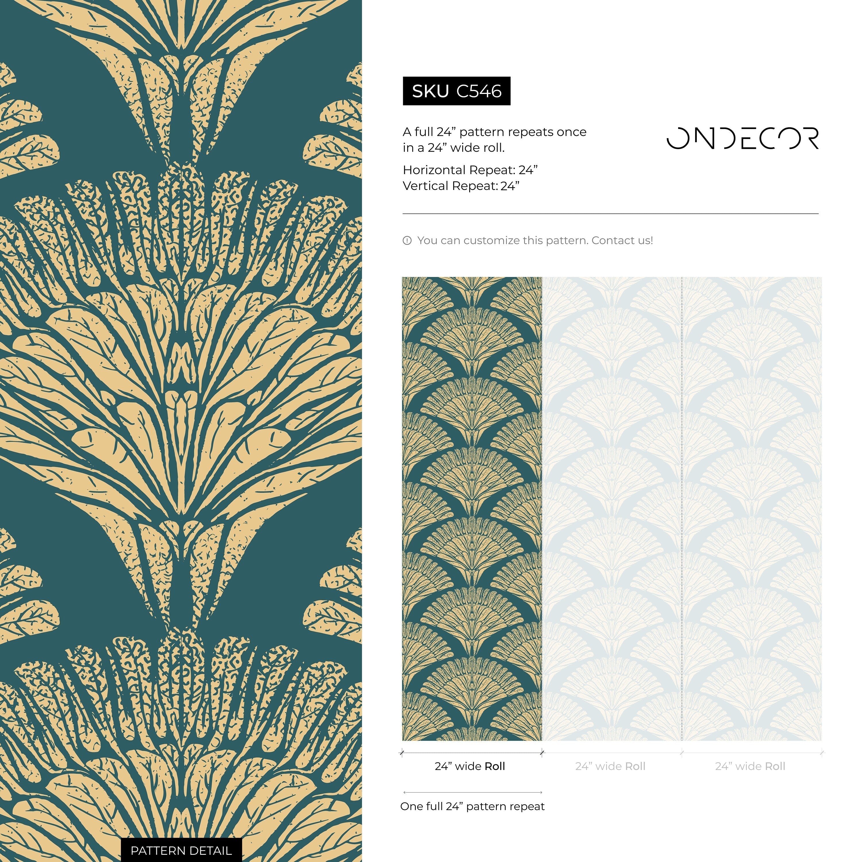 Art Deco Wallpaper With A Stylized Fan Motif In Teal And Gold - C546